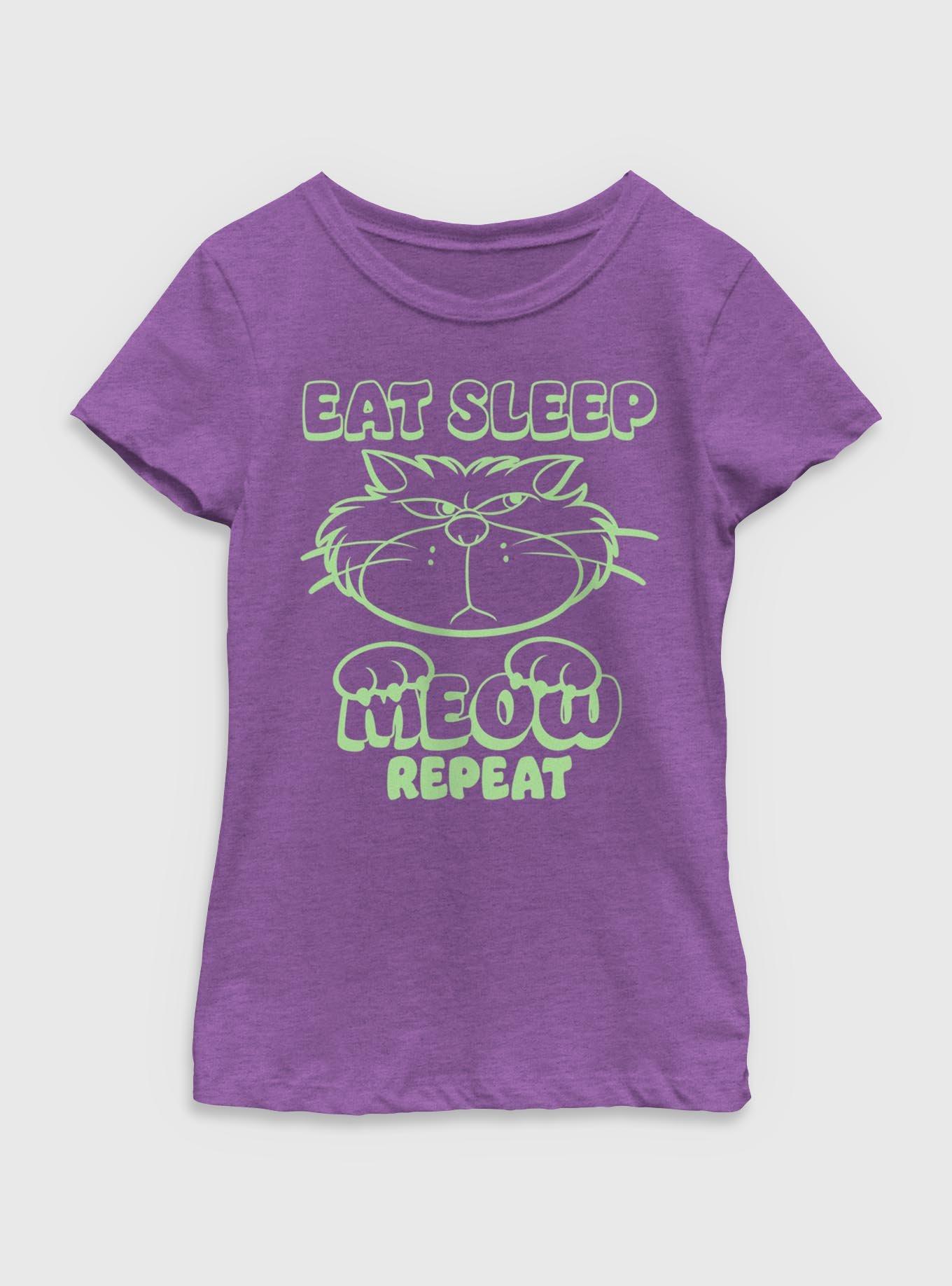 Disney Cinderella Lucifer Eat Sleep Meow Repeat Youth Girls T-Shirt, , hi-res