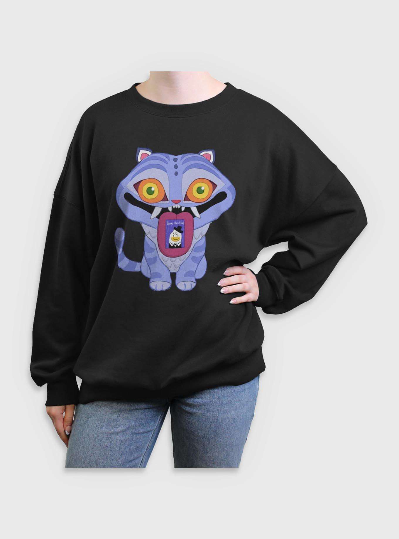 KPop Demon Hunters Chibi Derpy Tiger Save The Date Message Womens Oversized Sweatshirt