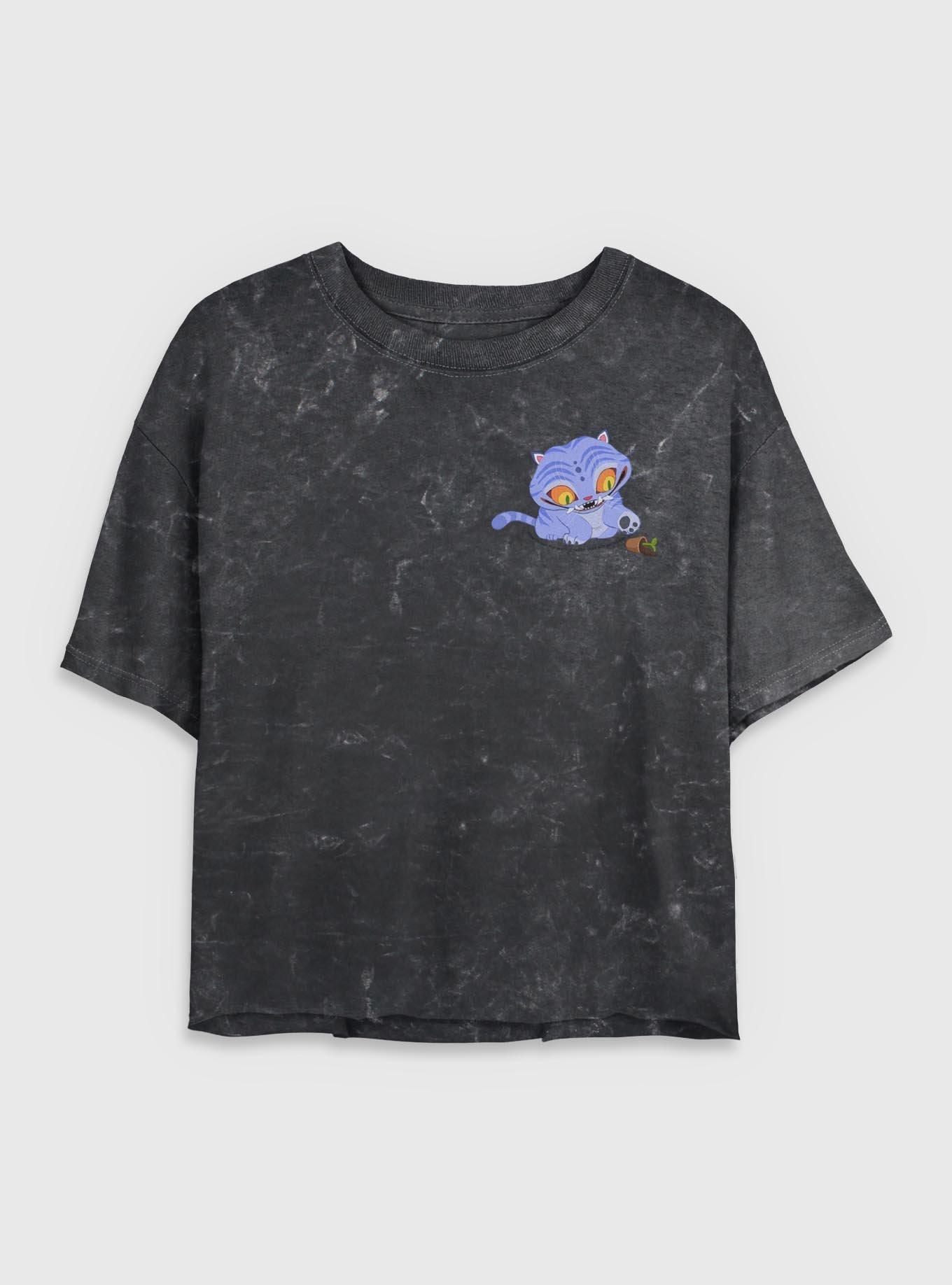 KPop Demon Hunters Chibi Derpy Tiger And Plant Corner Mineral Wash Womens Crop T-Shirt, BLACK, hi-res