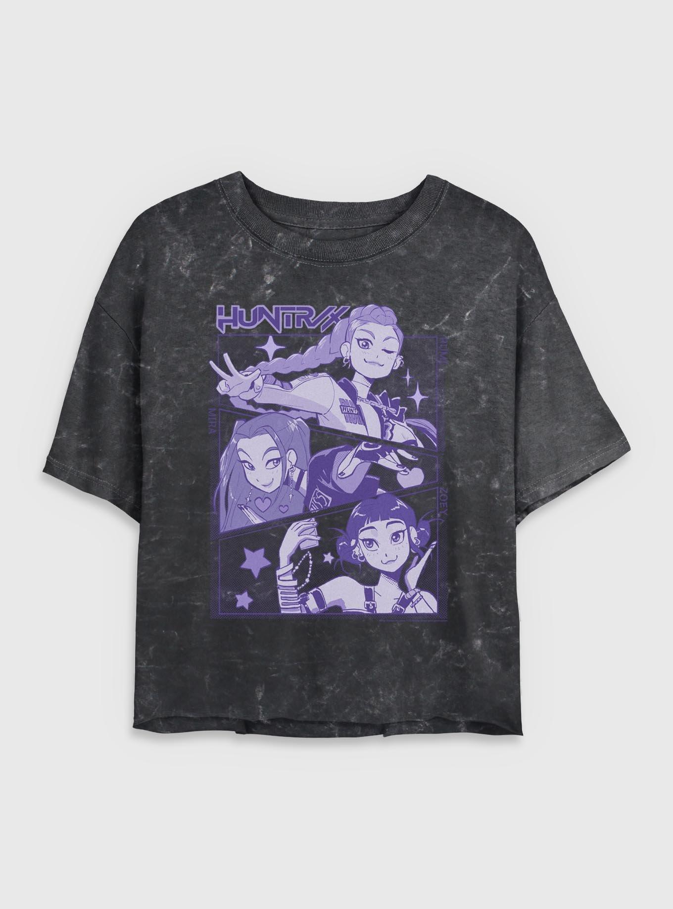 KPop Demon Hunters Huntrix Group Panels Girls Mineral Wash Crop T-Shirt, BLACK, hi-res