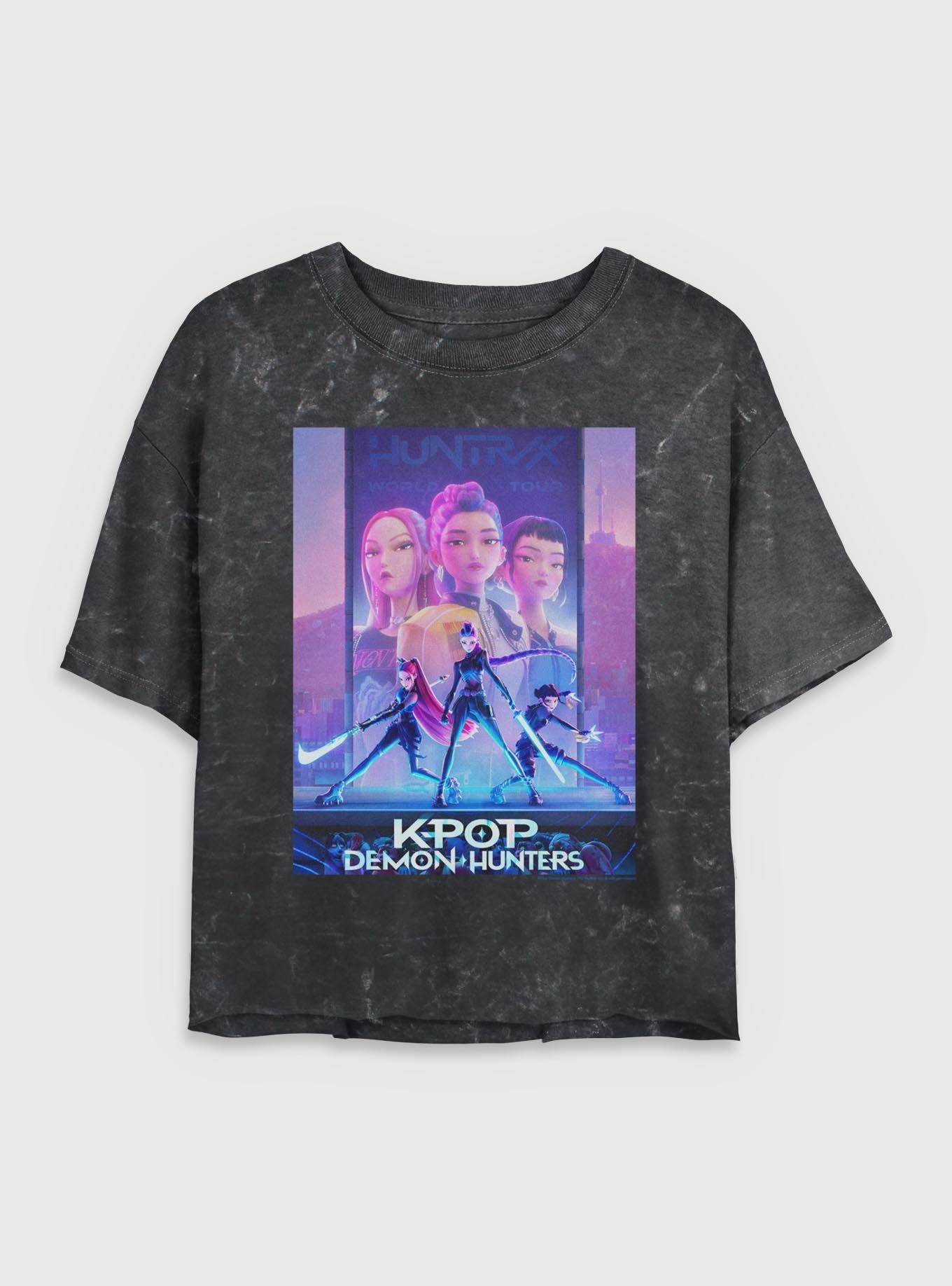 KPop Demon Hunters Poster Girls Mineral Wash Crop T-Shirt, BLACK, hi-res