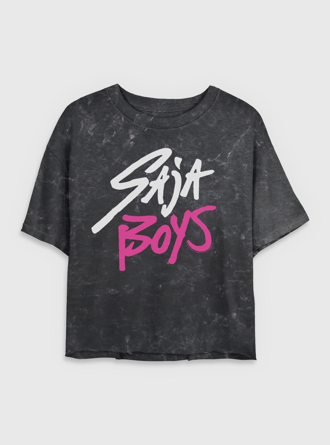 KPop Demon Hunters Saja Boys Logo Girls Mineral Wash Crop T-Shirt, BLACK, hi-res