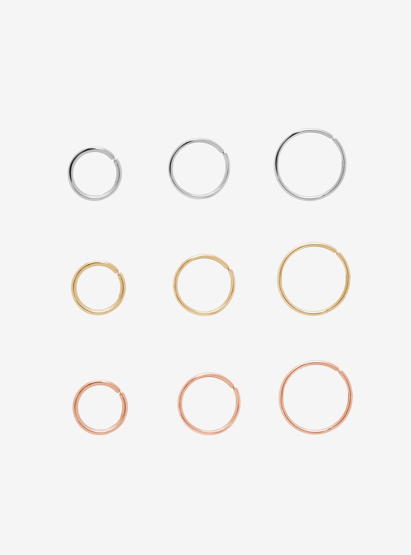 Steel Silver Gold & Rose Gold Nose Hoop 9 Pack, , hi-res