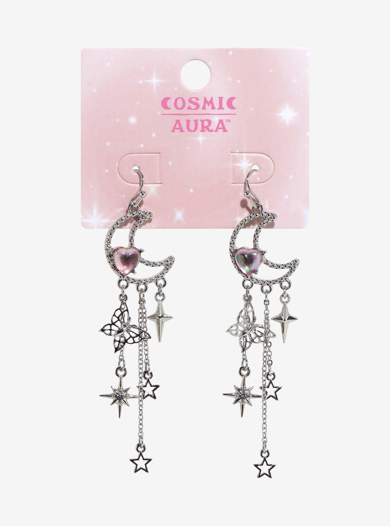 Cosmic Aura Celestial Moon Butterfly Drop Earrings, , hi-res