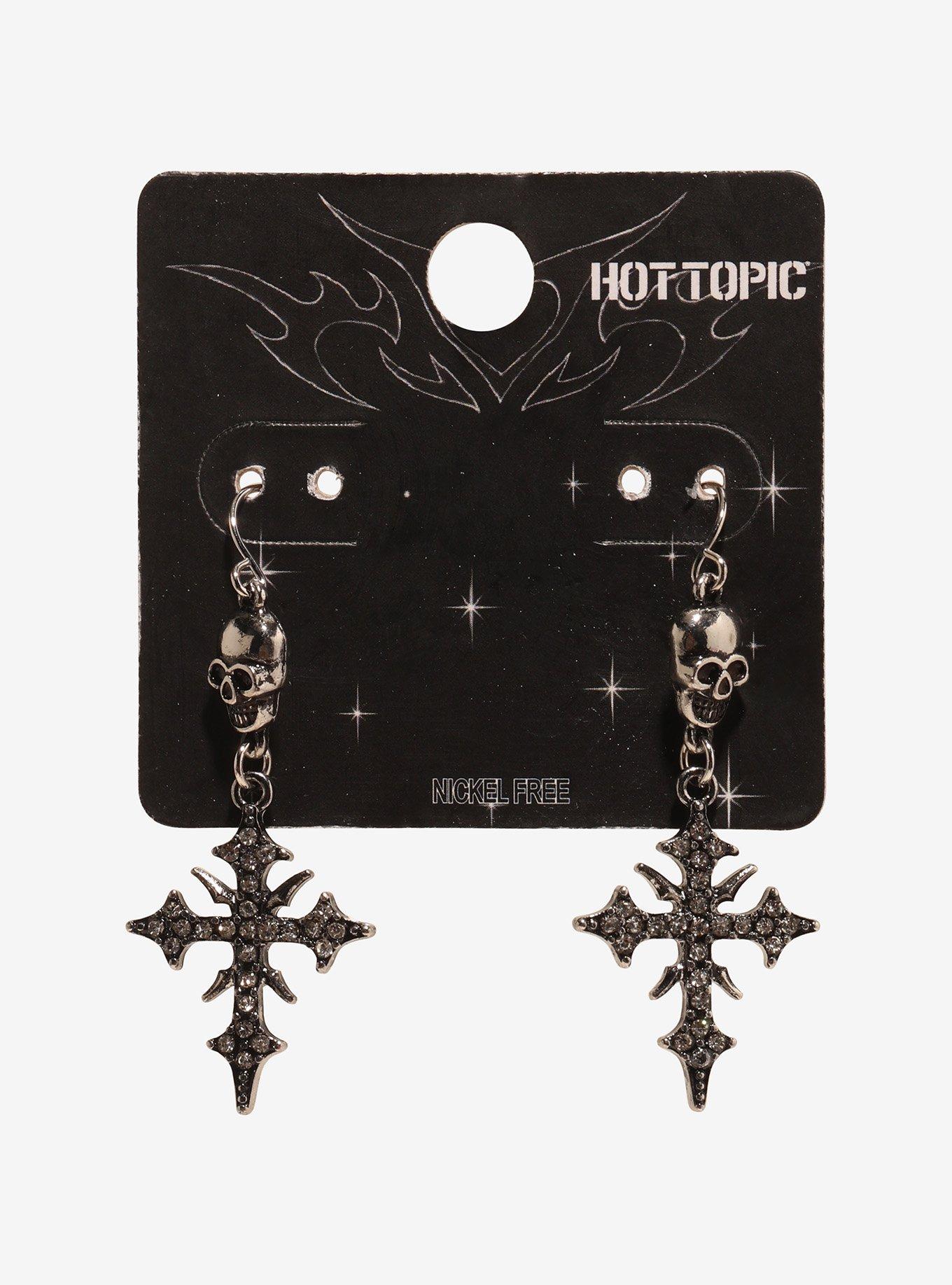 Rhinestone Cross Skull Earrings, , hi-res