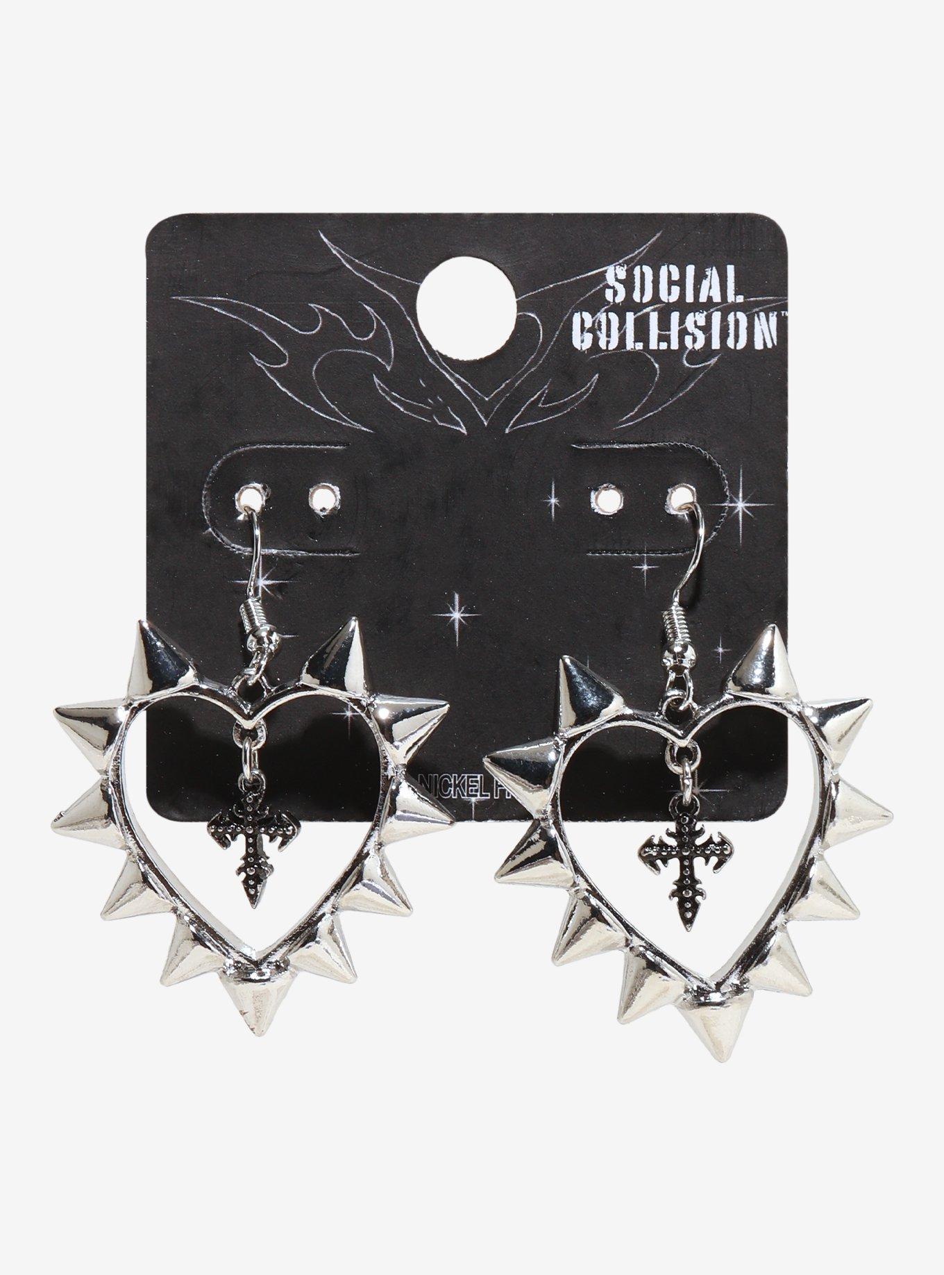 Social Collision Spike Heart Cross Drop Earrings, , hi-res