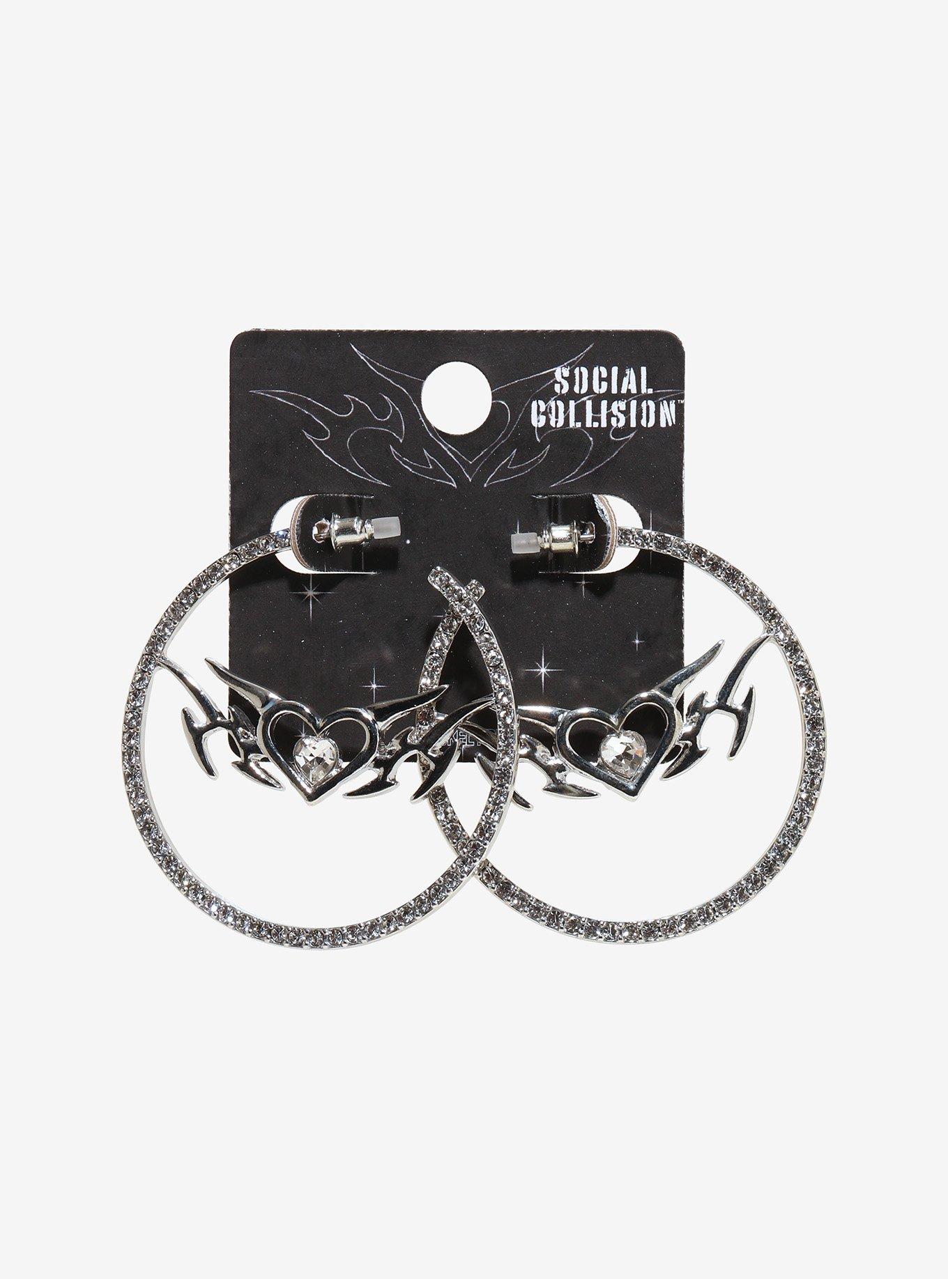 Social Collision Cyber Heart Bling Hoop Earrings, , hi-res