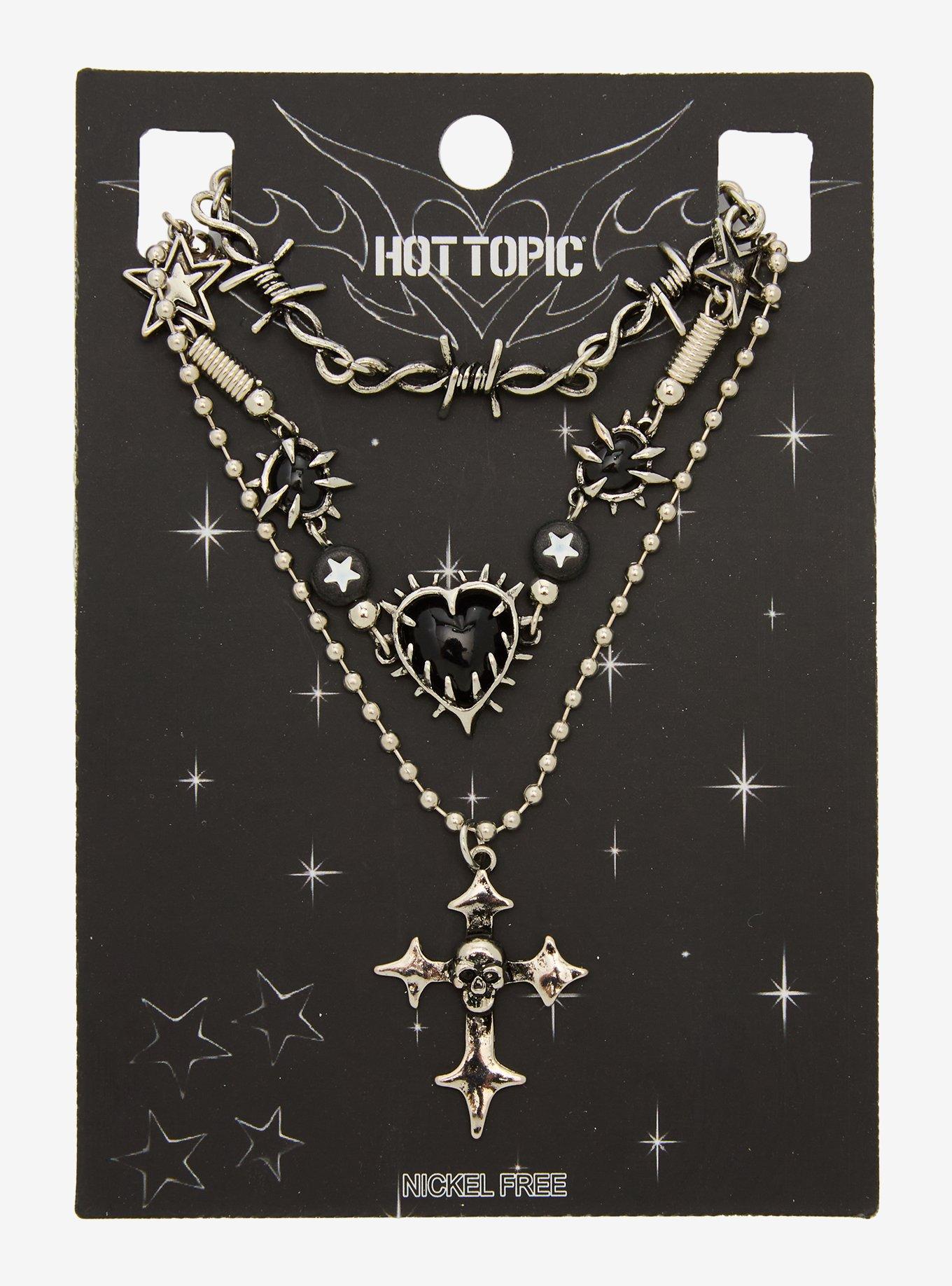 Skull Cross Spiky Heart Necklace Set, , hi-res