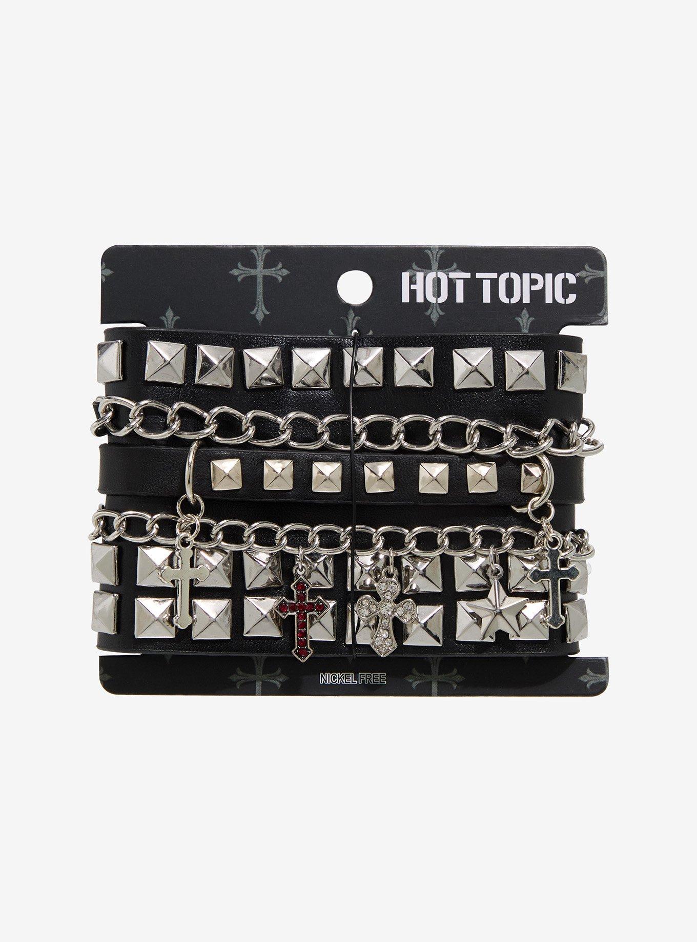 Pyramid Stud Cross Chain Faux Leather Cuff Bracelet, , hi-res