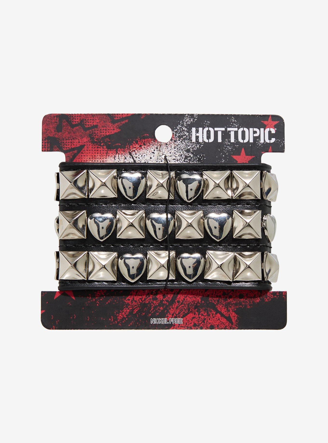 Black & Silver Pyramid Stud Heart Cuff Bracelet, , hi-res