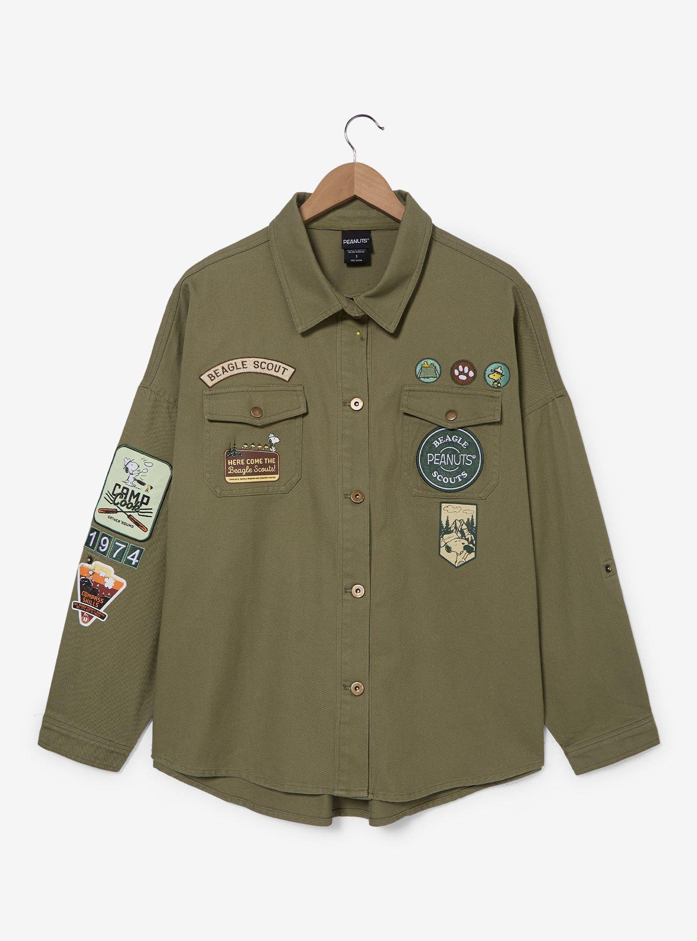 Peanuts Beagle Scouts Icons Women's Plus Size Button-Up &mdash; BoxLunch Exclusive, ARMY GREEN, hi-res