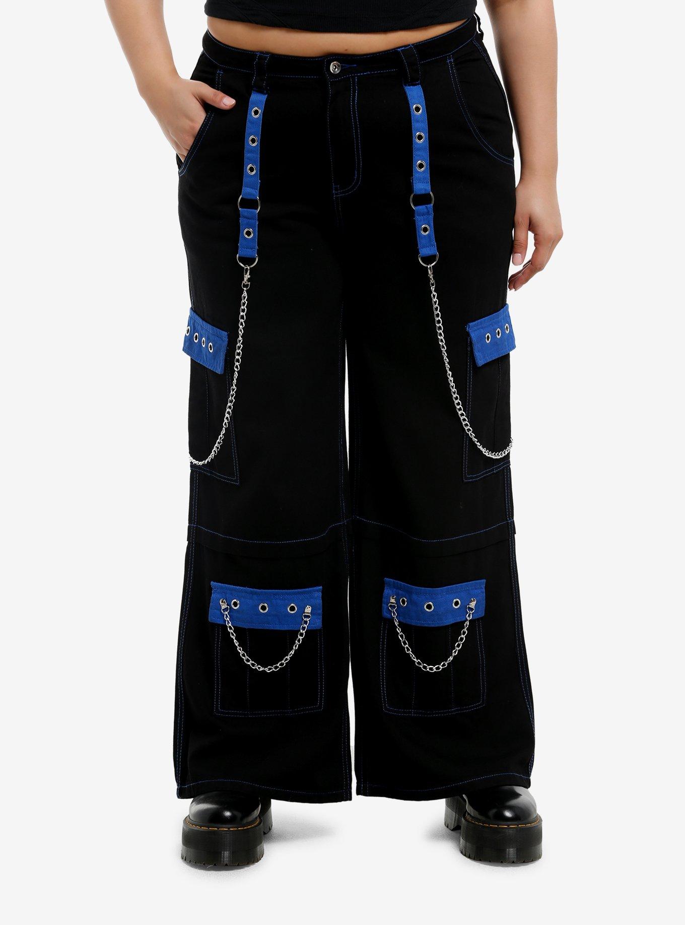 Black & Blue Grommet Suspender Girls Wide Leg Pants Plus Size, , hi-res