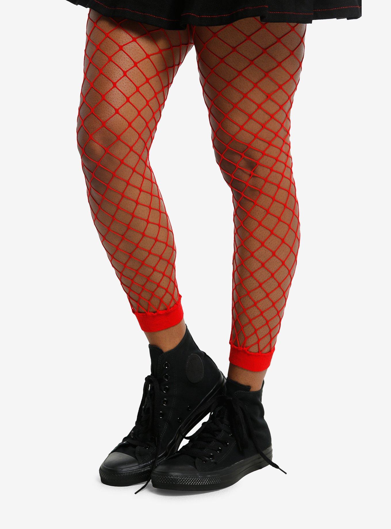 Red Fishnet Footless Tights, , hi-res