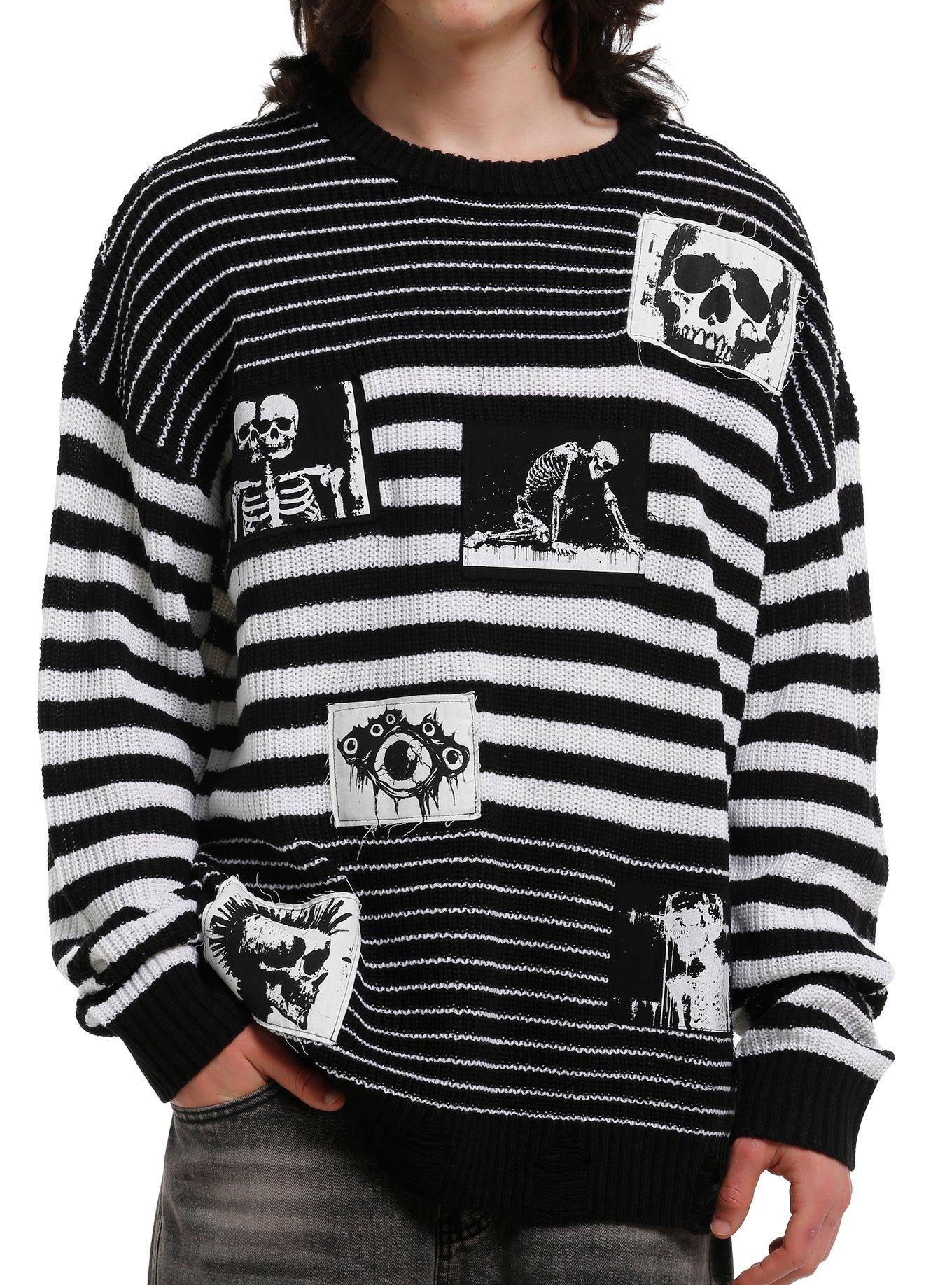Black & White Stripe Patches Knit Sweater, , hi-res