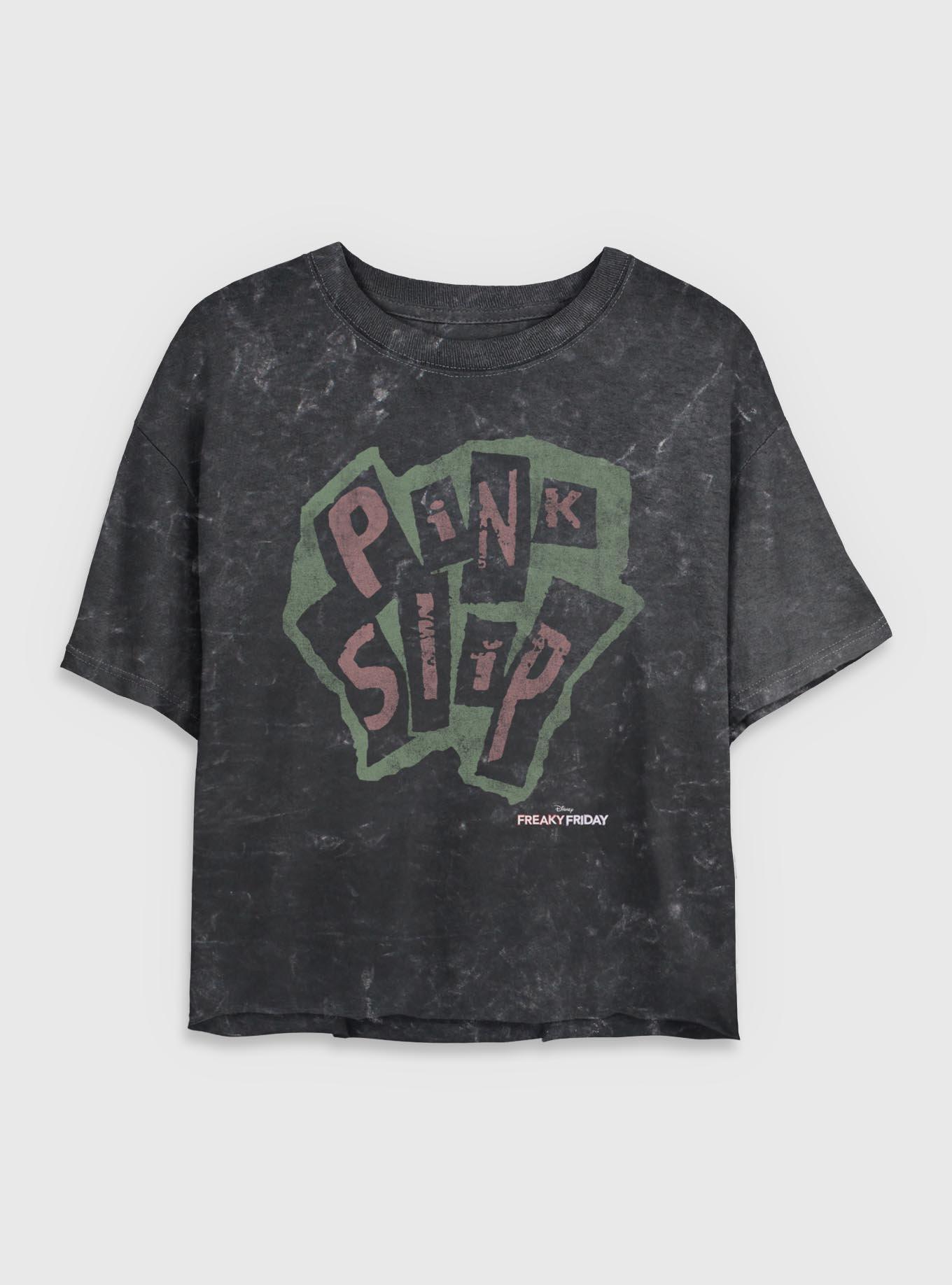Disney Freaky Friday Pink Slip Logo Girls Mineral Wash Crop T-Shirt, BLACK, hi-res