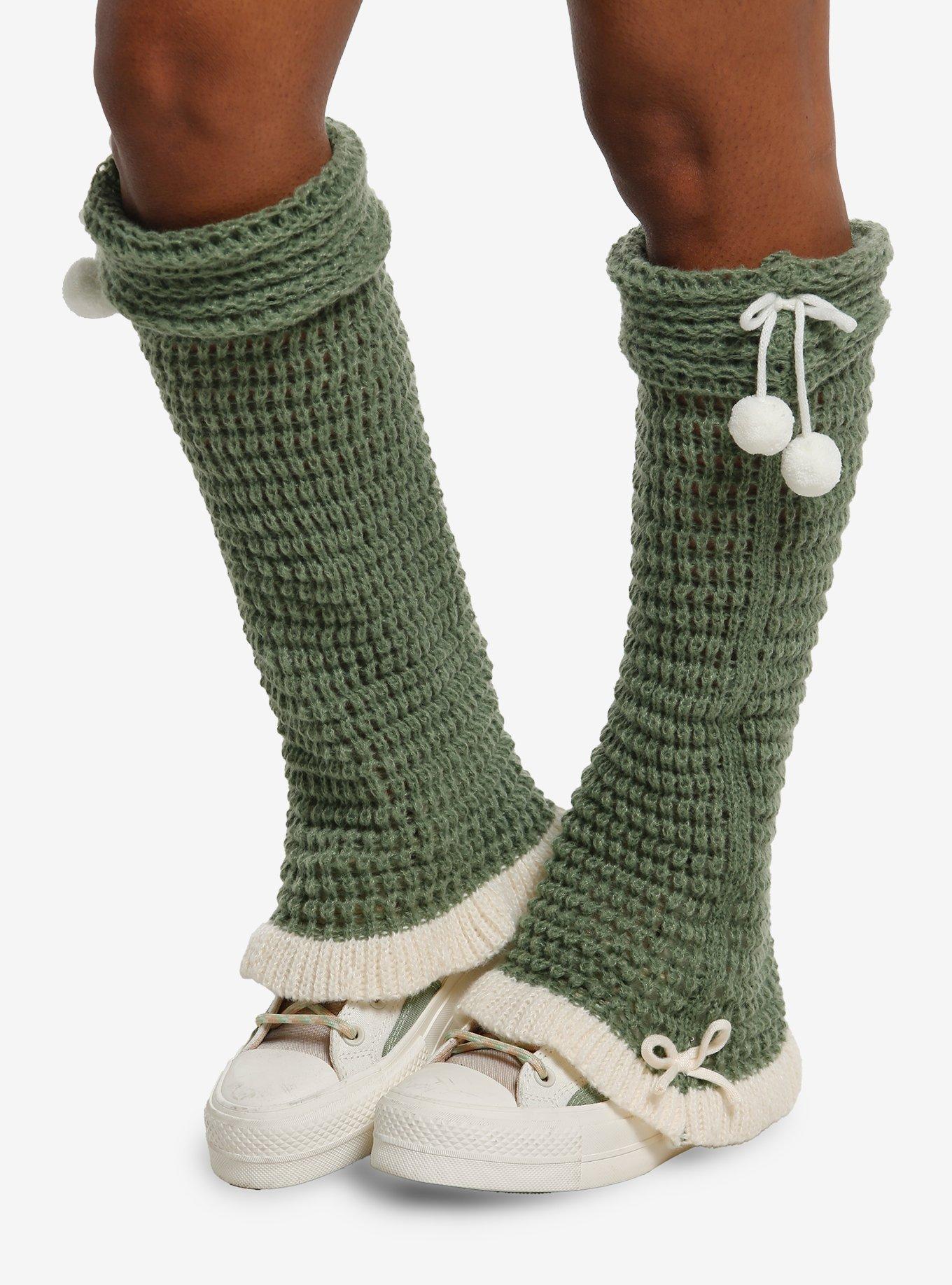 Green & Cream Knit Pom Leg Warmers, , hi-res