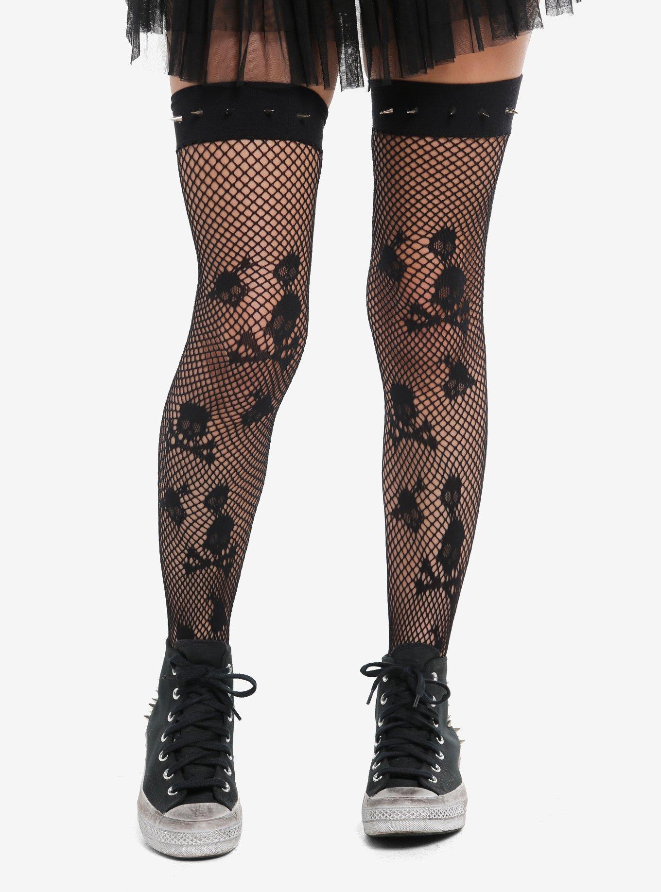 Skulls & Crossbones Fishnet Thigh Highs, , hi-res