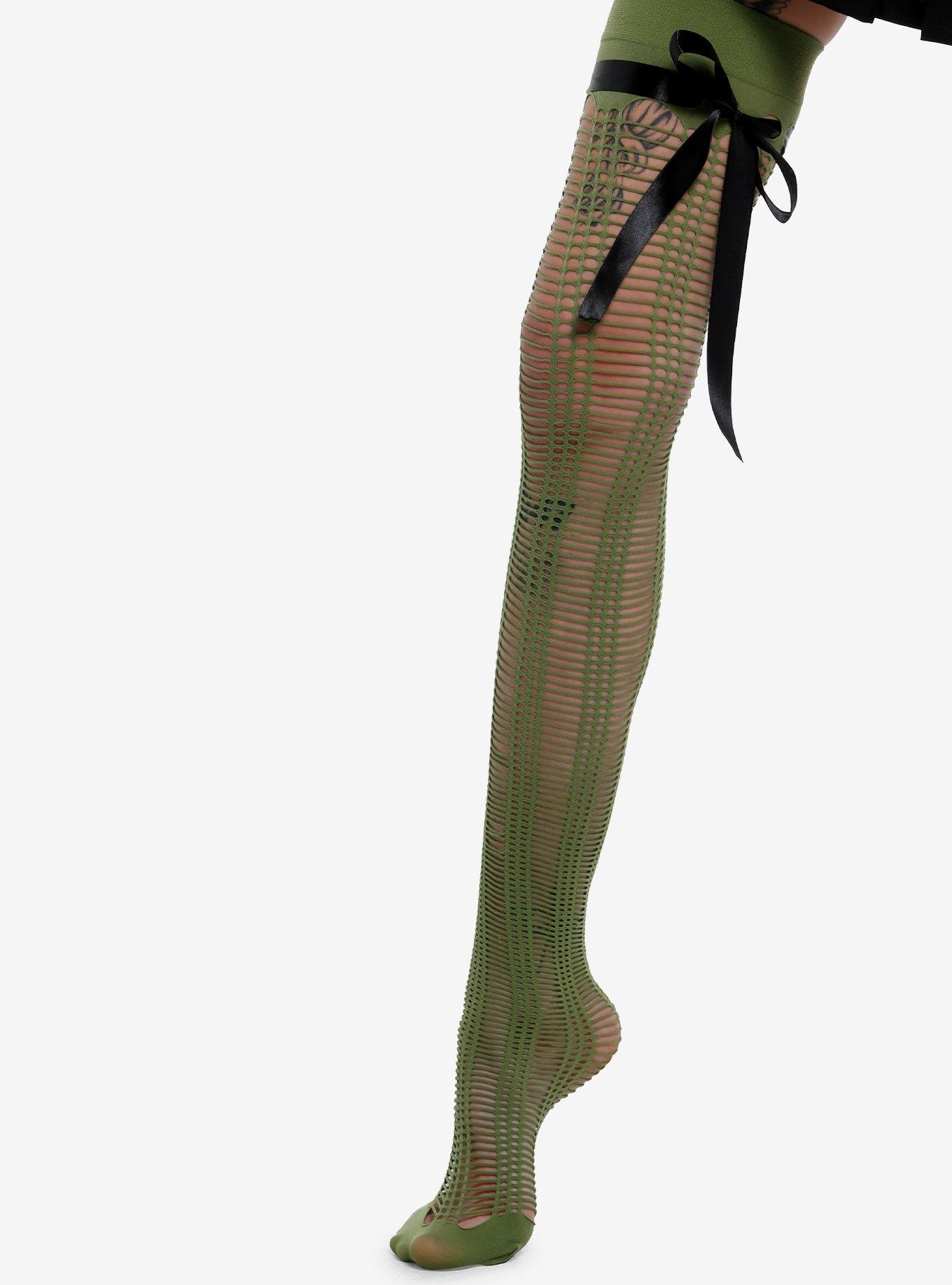 Green Stripe Bow Fishnet Thigh Highs, , hi-res