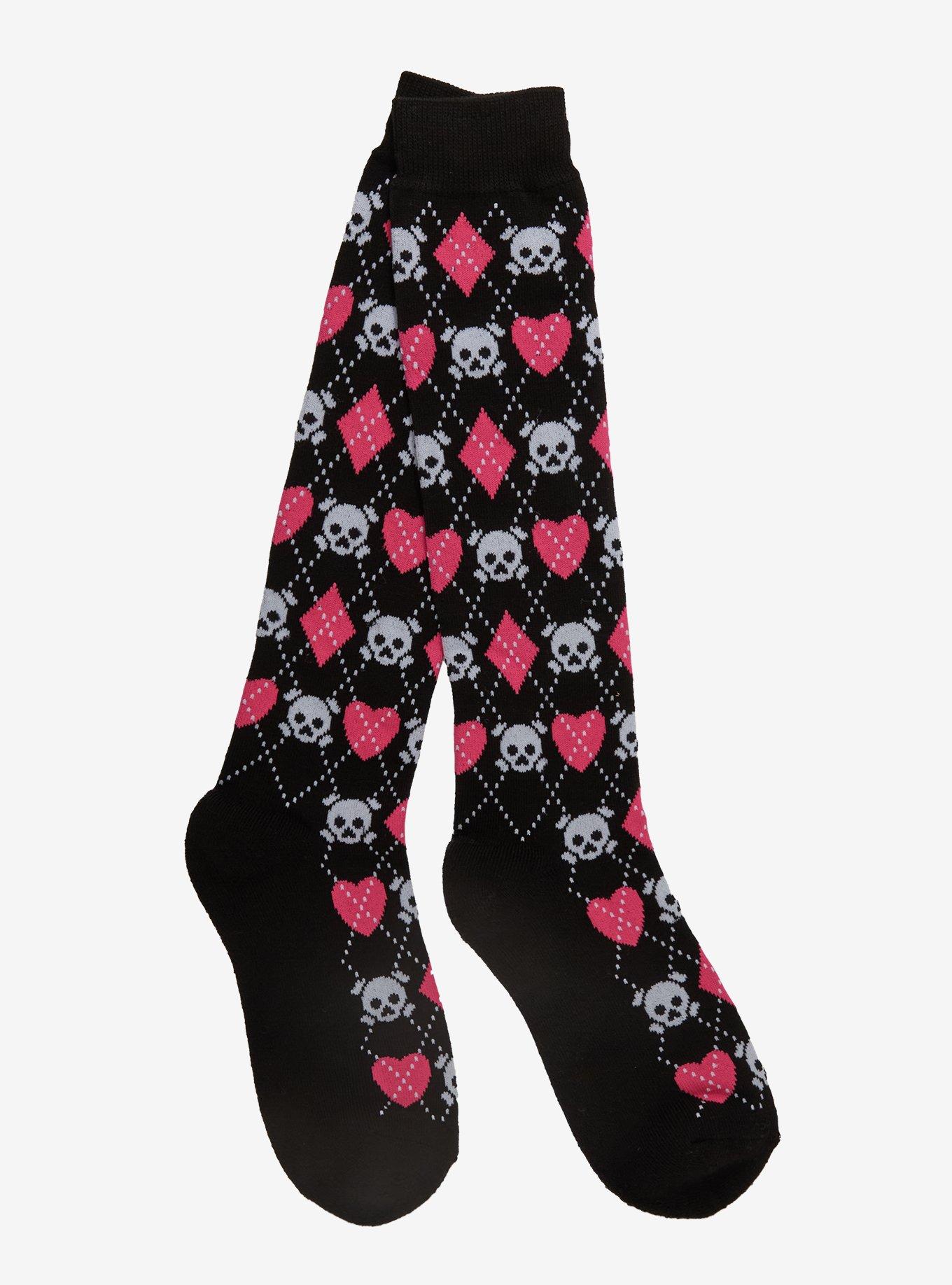Skull & Heart Argyle Knee-High Socks, , hi-res