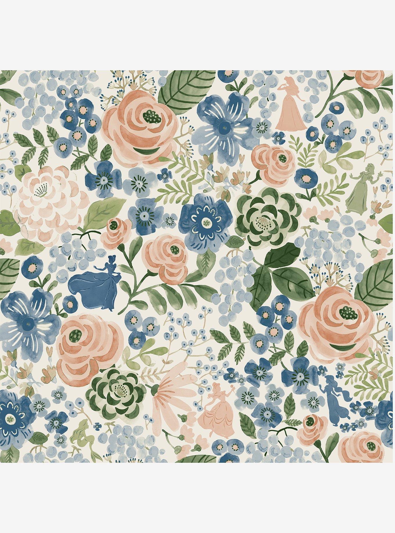 Disney Princesses Blue Watercolor Floral Peel & Stick Wallpaper, , hi-res
