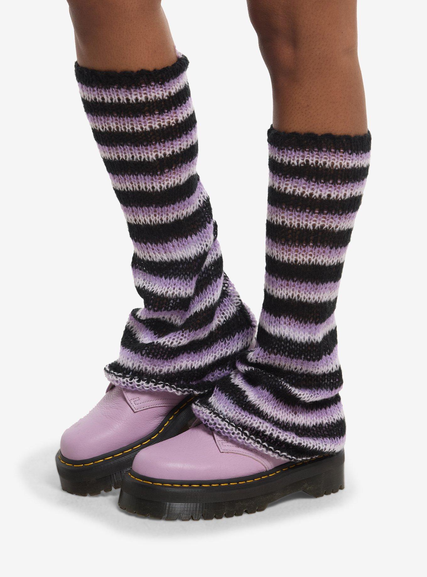 Lavender & Black Stripe Knit Leg Warmers, , hi-res