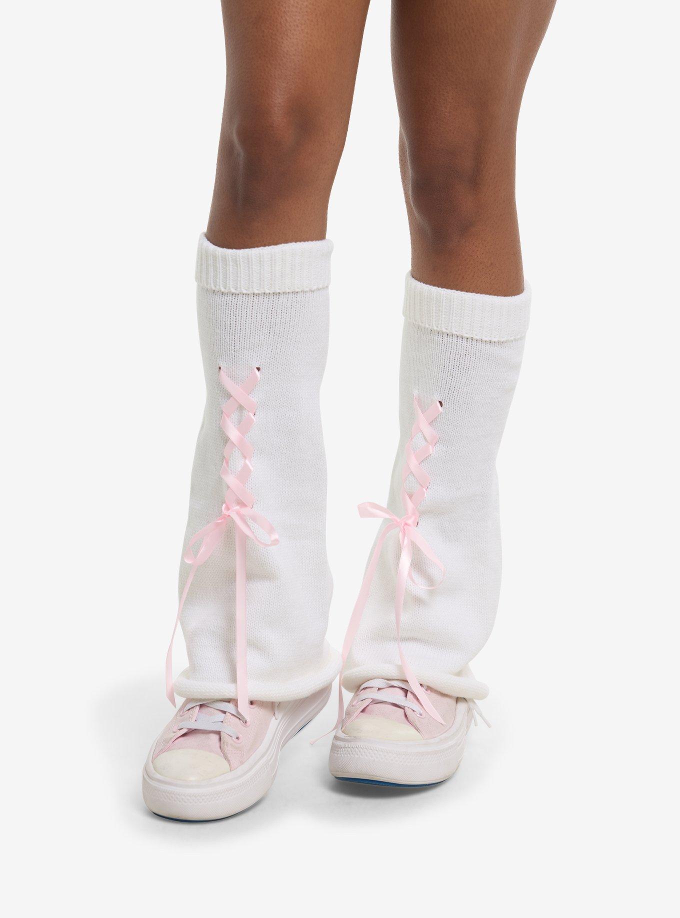 Cream & Pink Lace-Up Knit Leg Warmers, , hi-res