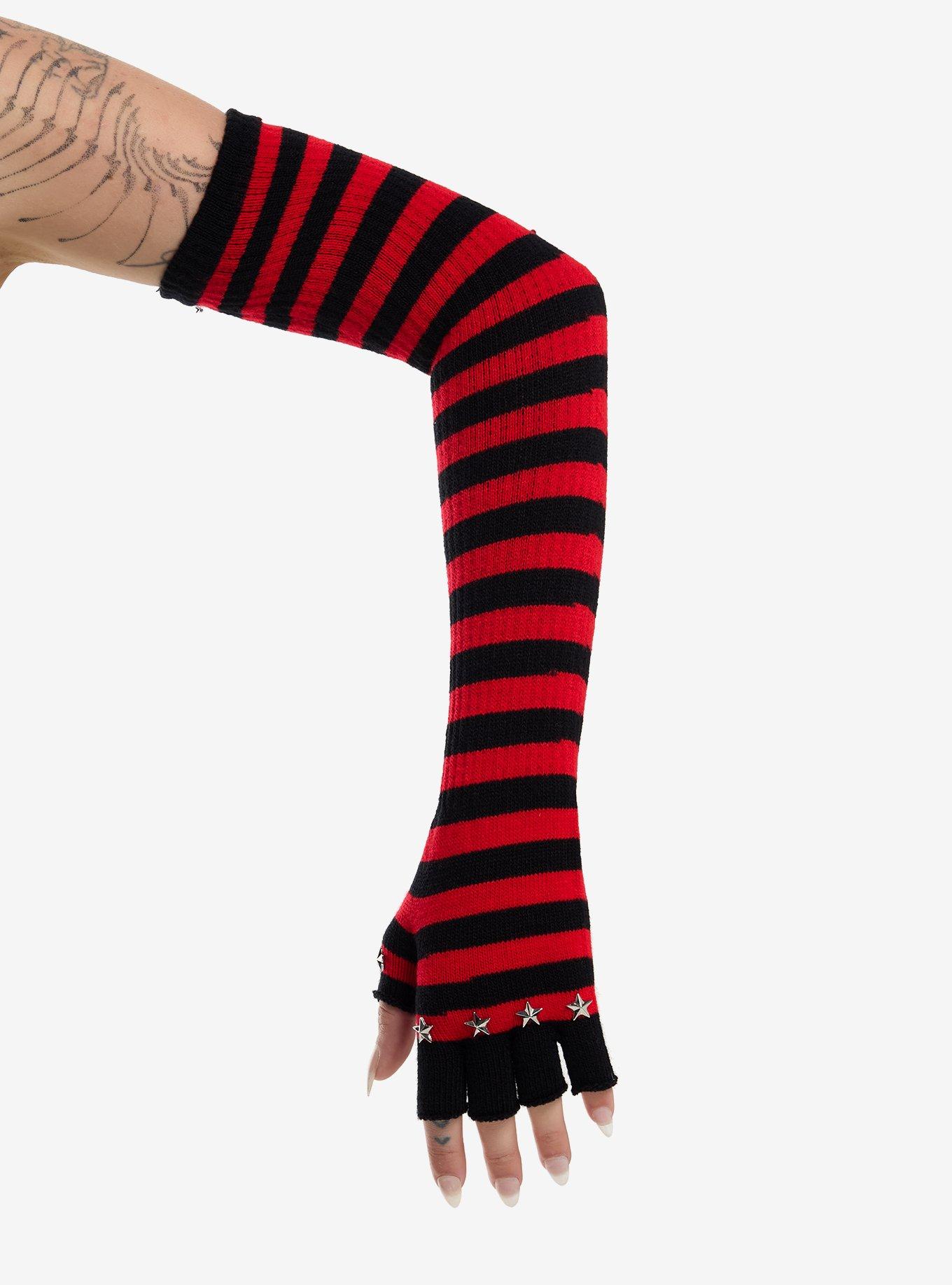 Black & Red Stripe Star Stud Arm Warmers, , hi-res