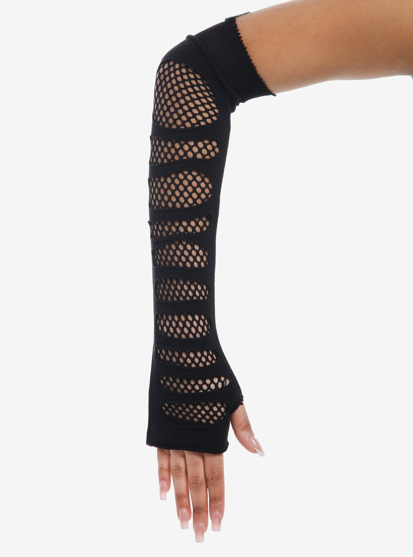 Black Cutout Fishnet Arm Warmers, , hi-res