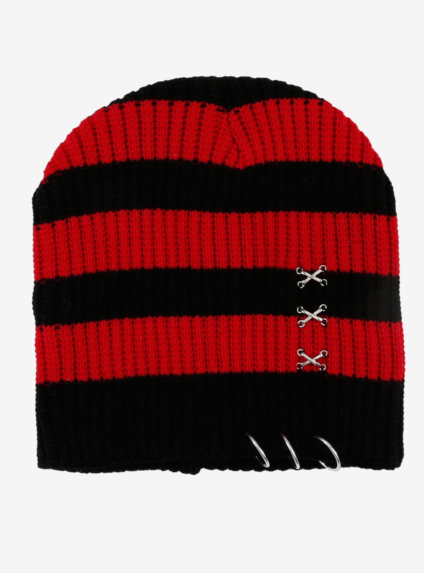 Red & Black Stripe Hardware Beanie, , hi-res