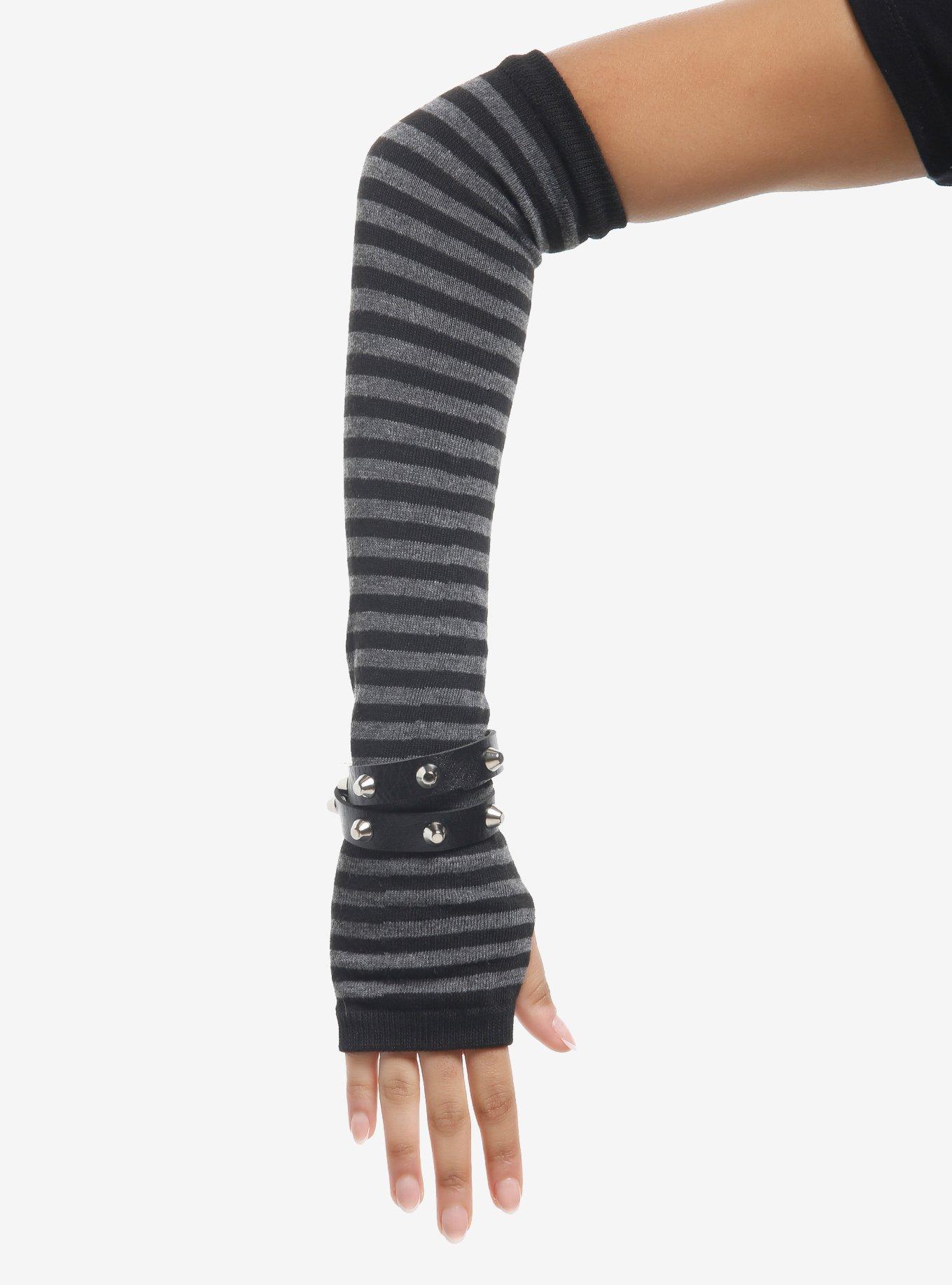 Grey & Black Stripe Faux Leather Spike Arm Warmers, , hi-res