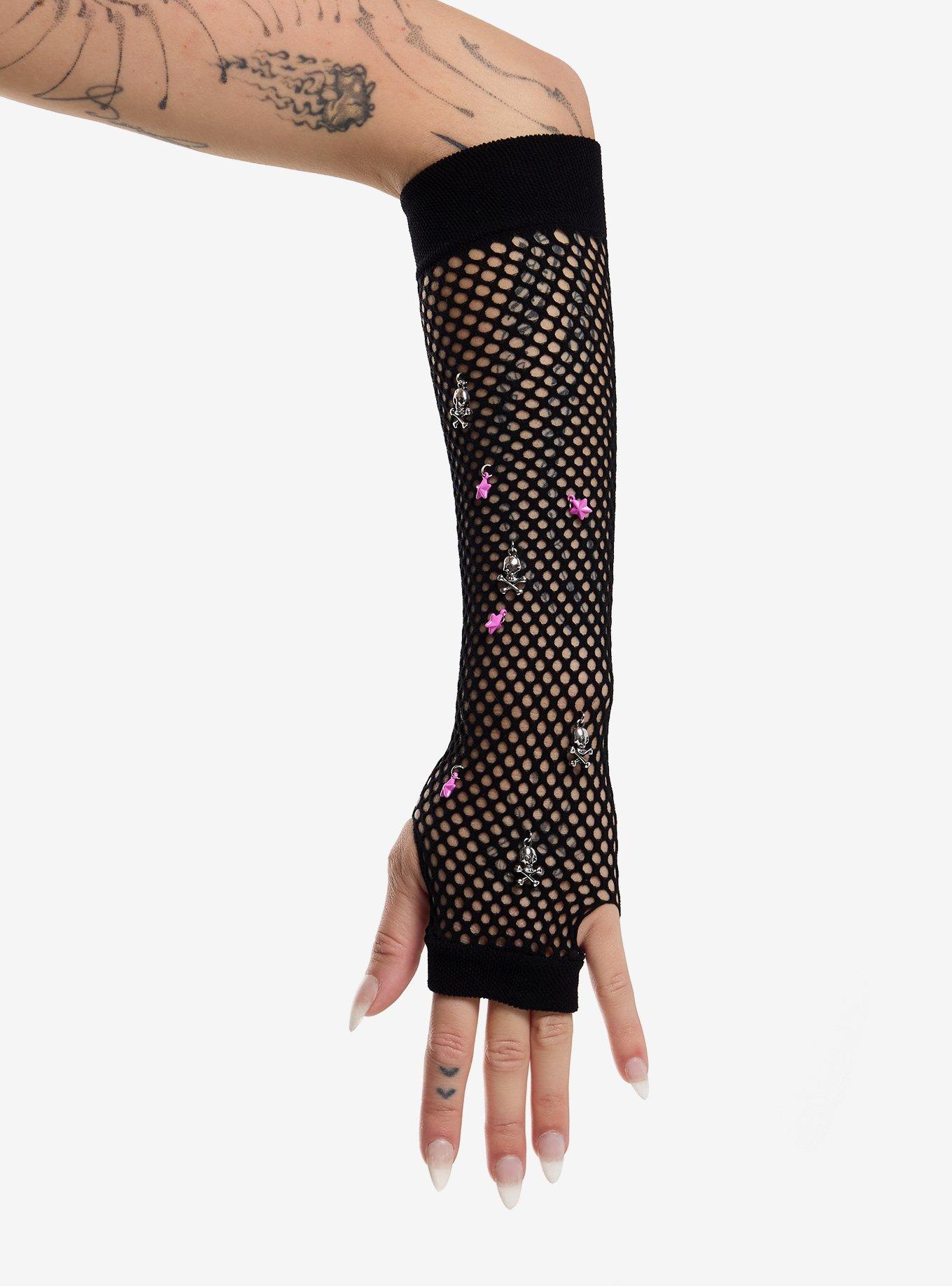 Skull & Pink Star Charms Fishnet Arm Warmers, , hi-res