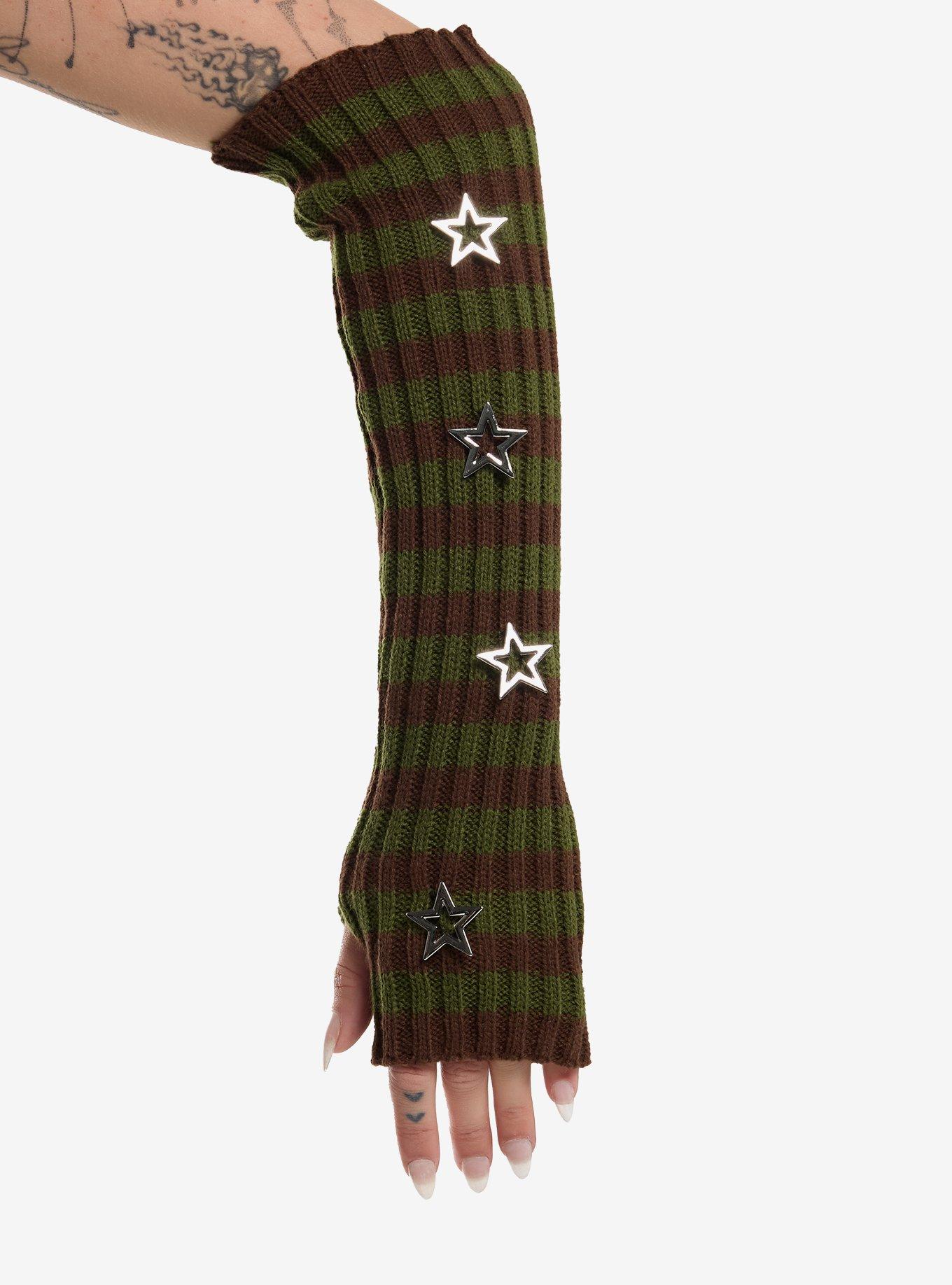 Green & Brown Stripe Star Stud Arm Warmers, , hi-res