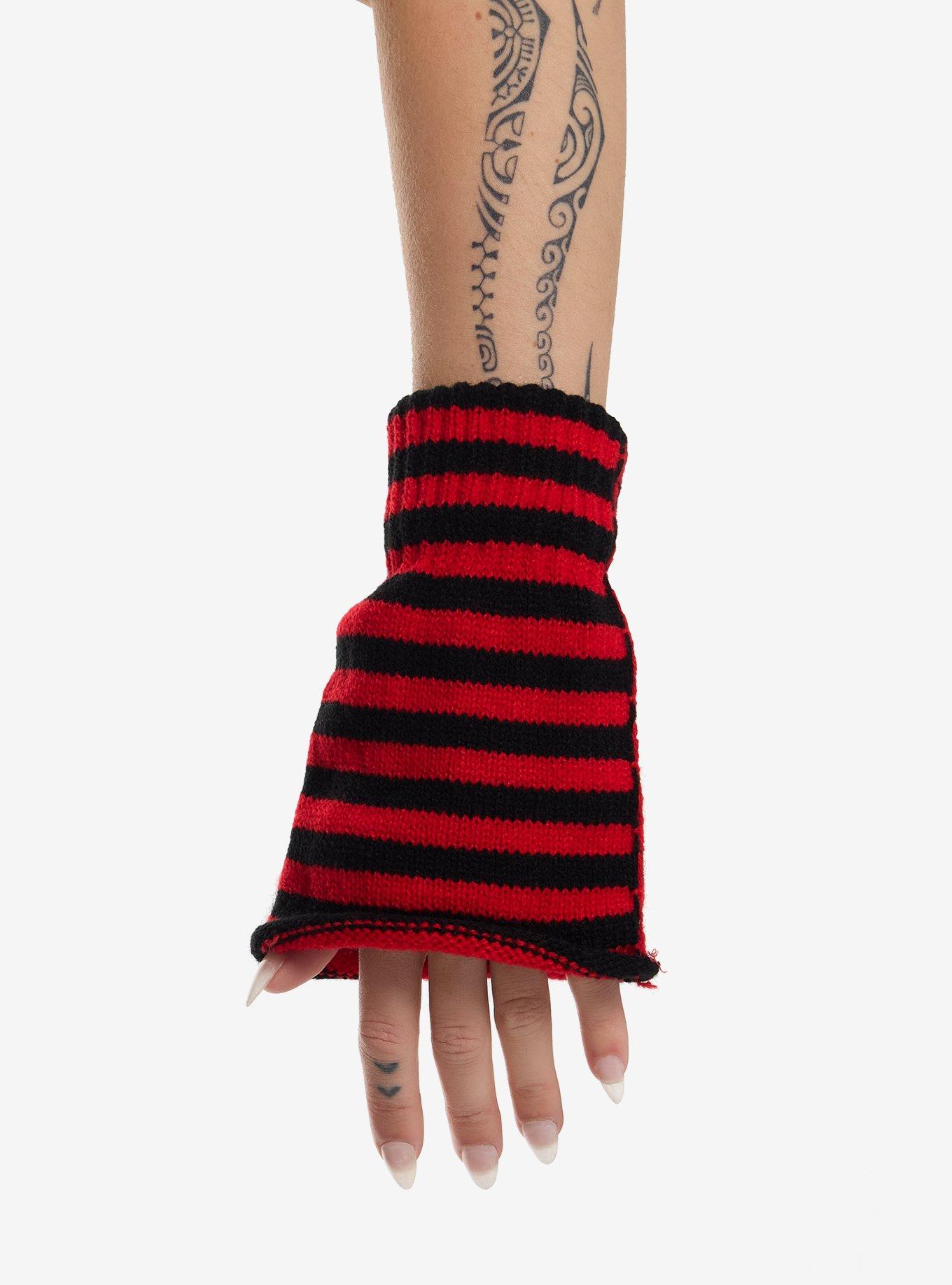 Red & Black Stripe Flare Fingerless Gloves, , hi-res