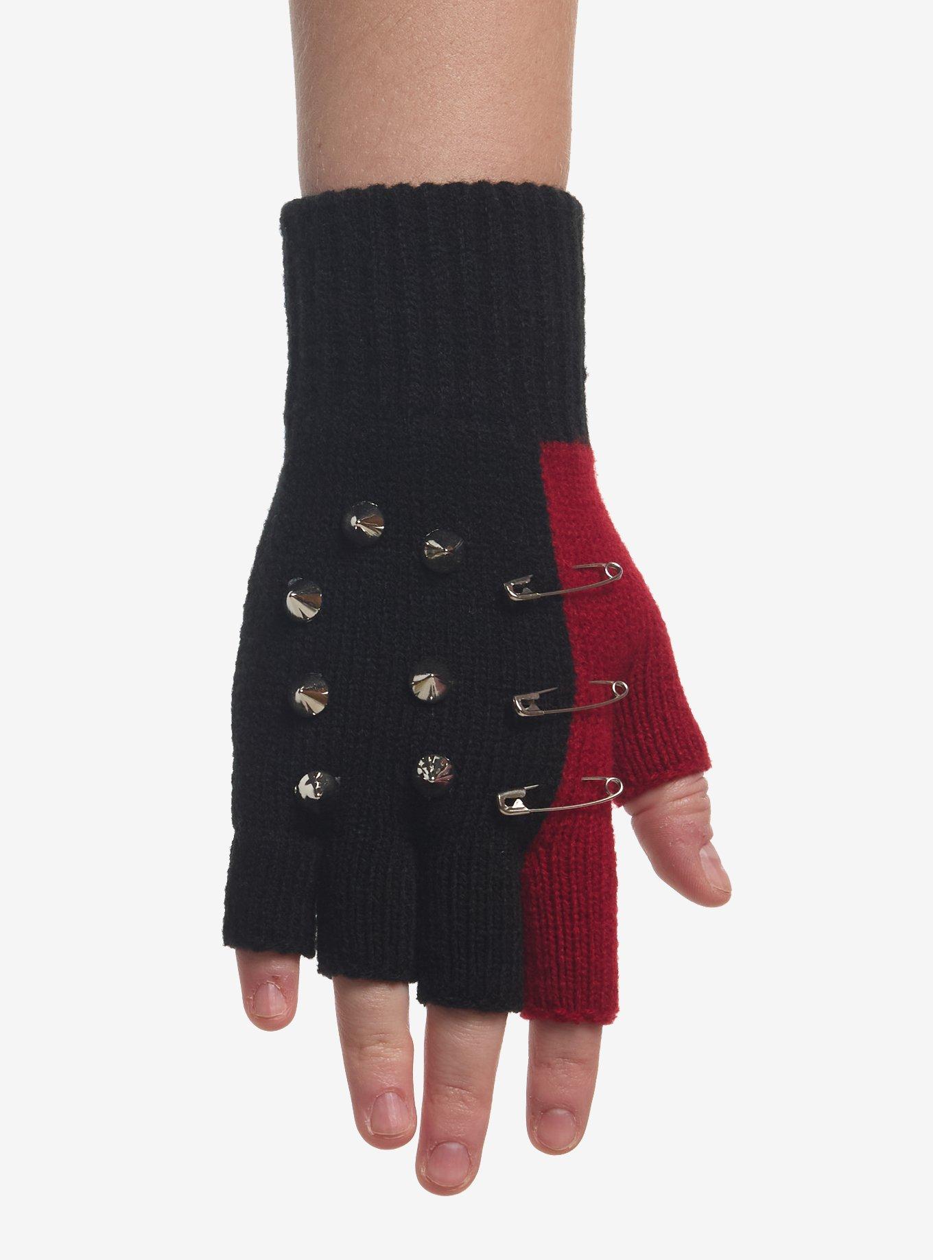 Black & Red Split Hardware Fingerless Gloves, , hi-res