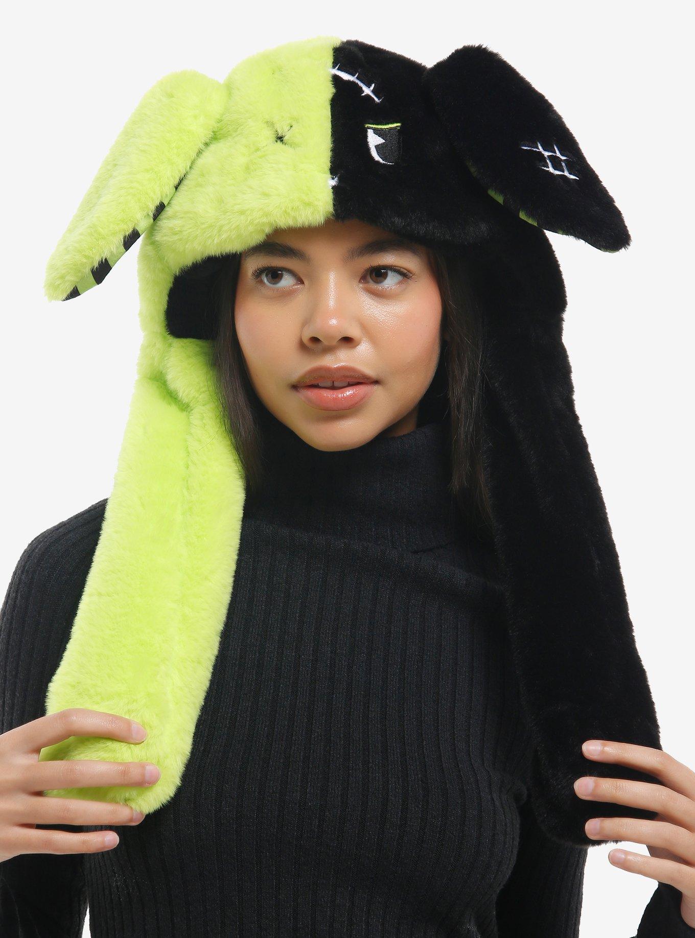 Black & Green Split Bunny Beanie With Moveable Ears, , hi-res