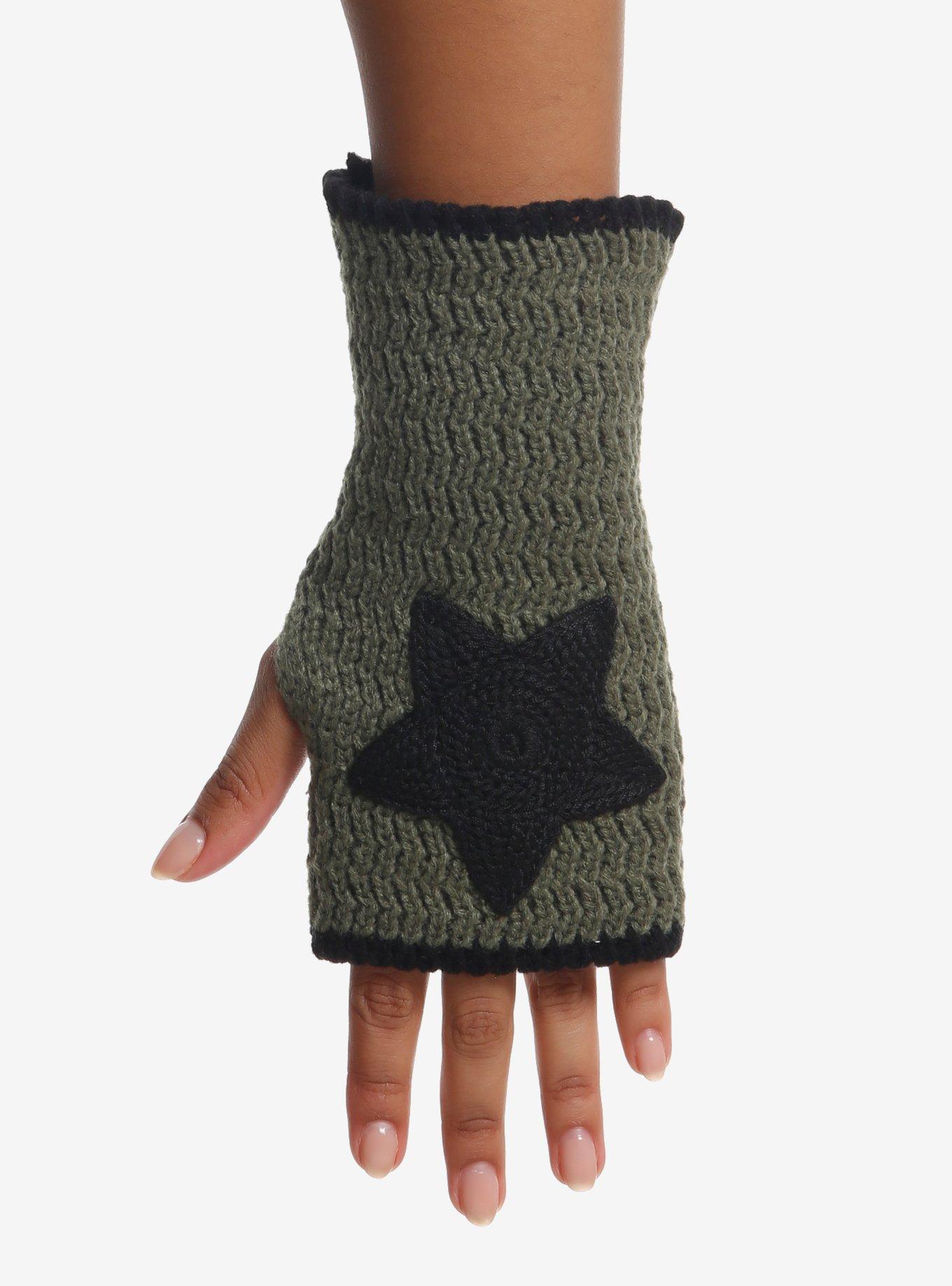Green & Black Star & Stripe Knit Fingerless Glove Set, , hi-res