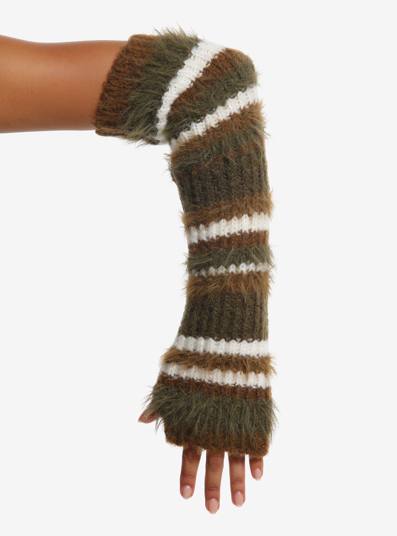 Green & Brown Stripe Fuzzy Arm Warmers, , hi-res
