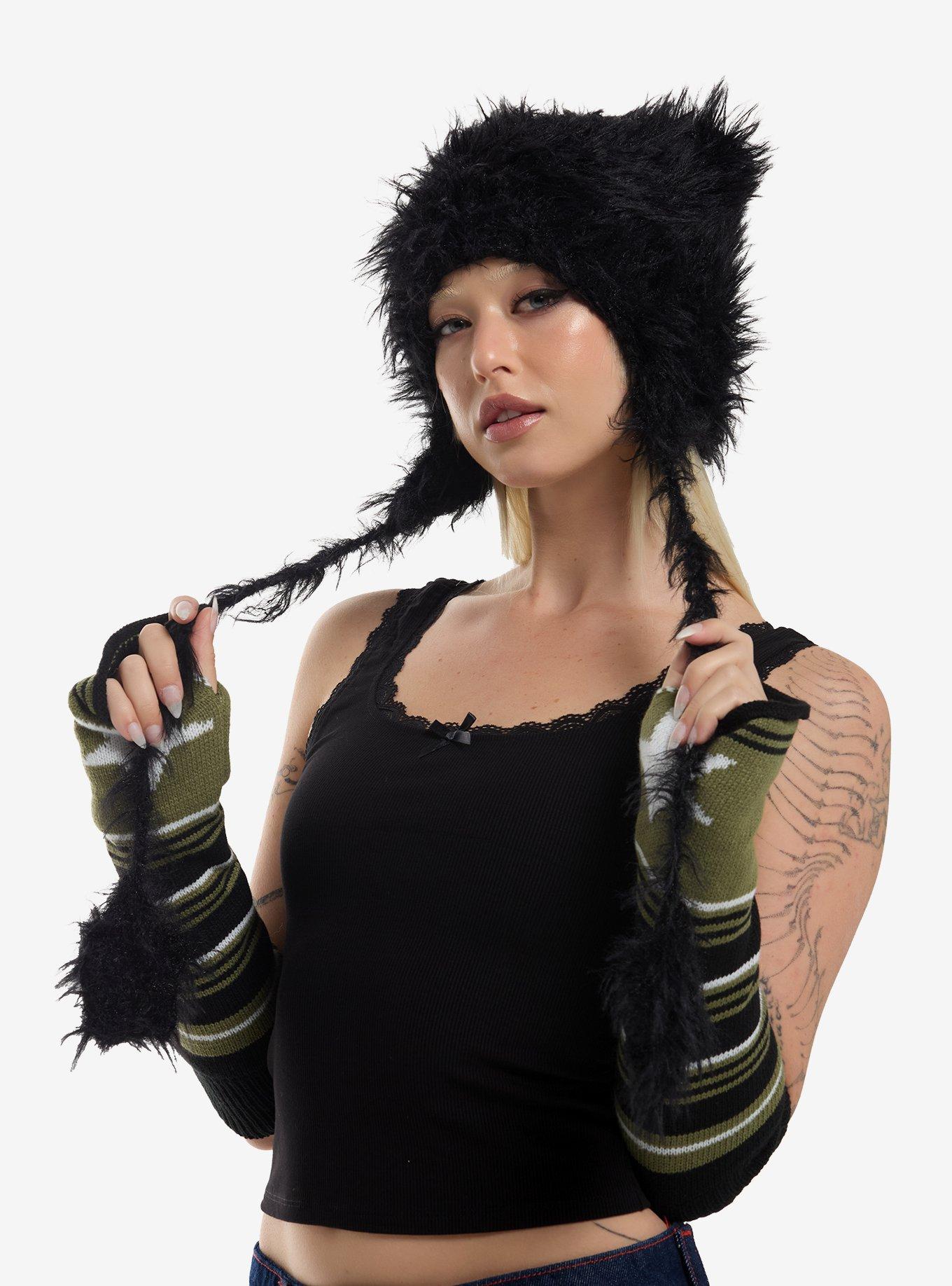 Black Fuzzy Subtle Ear Tassel Beanie, , hi-res