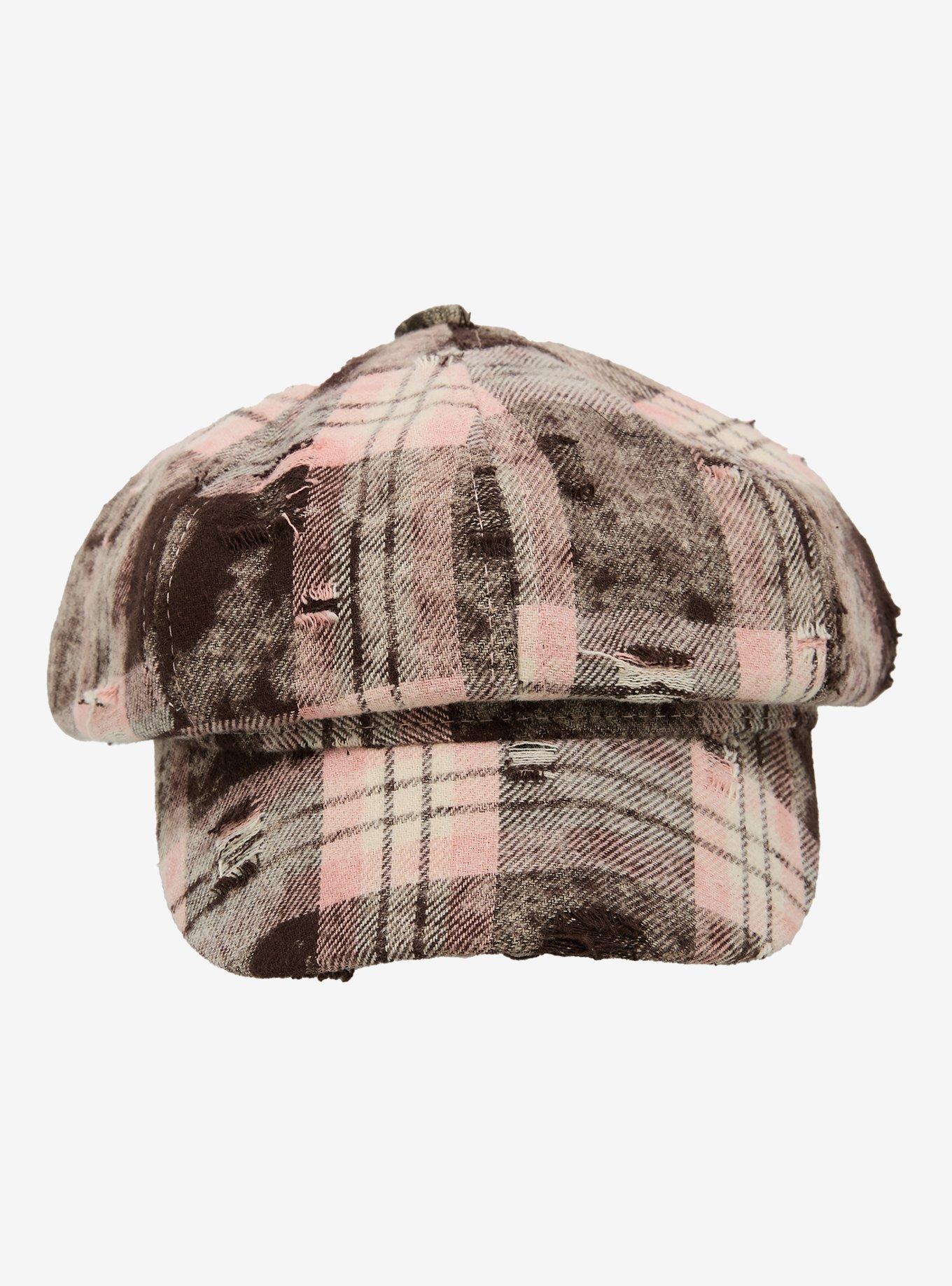 Brown & Pink Plaid Destructed Cabbie Hat, , hi-res