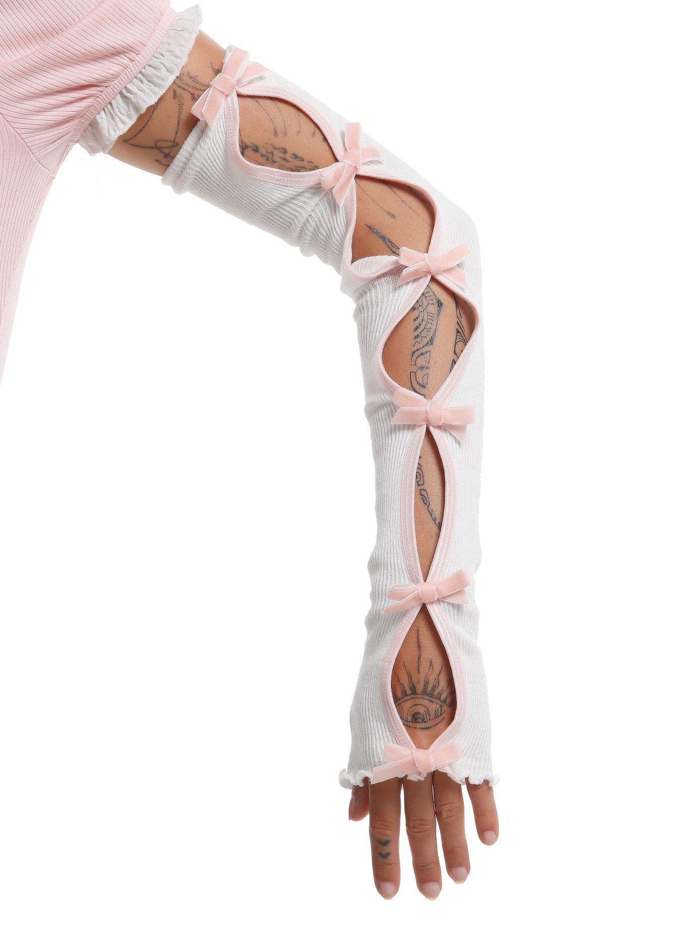 White & Pink Bow Cutout Arm Warmers, , hi-res