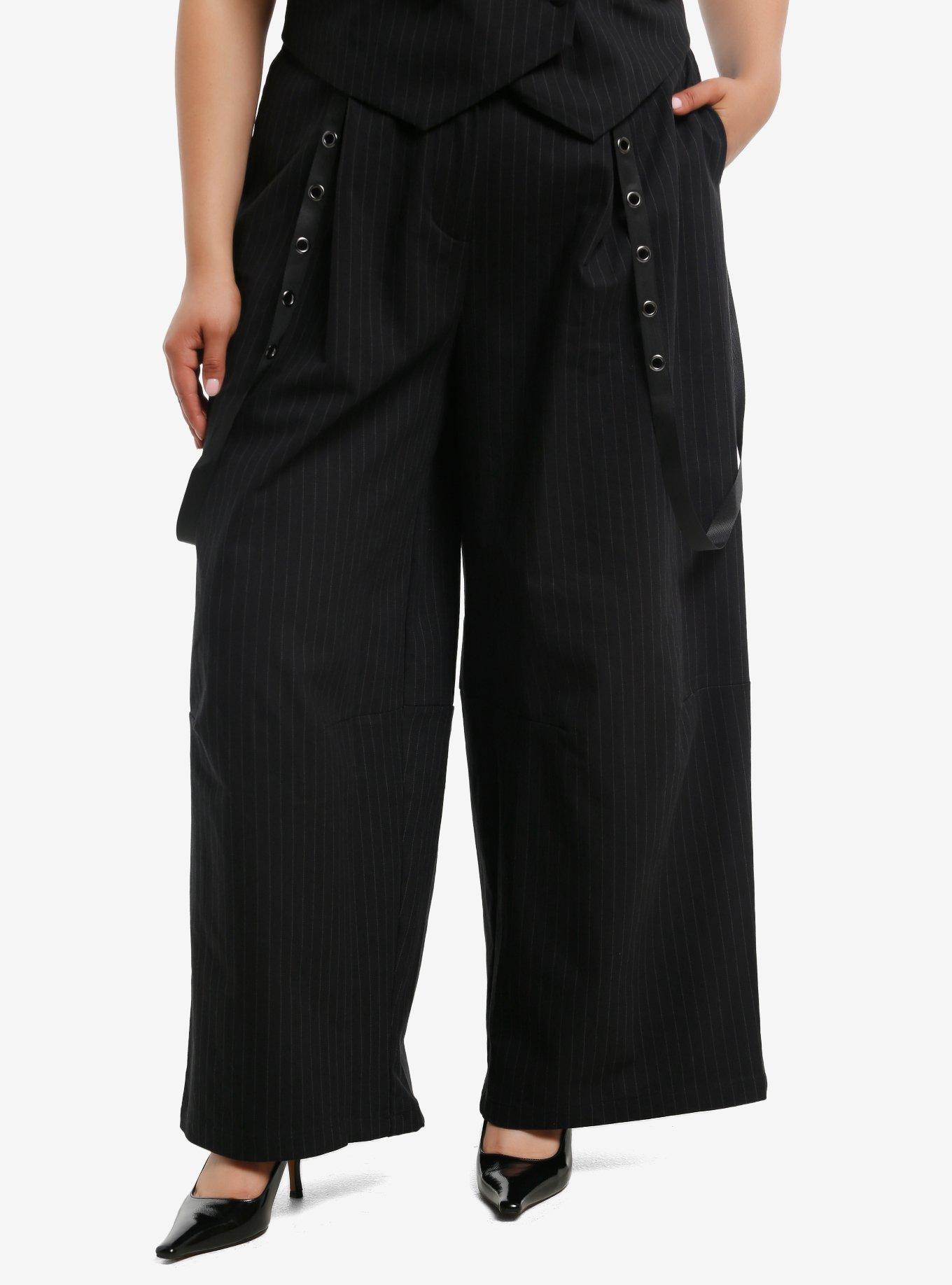 Social Collision Pinstripe Grommet Suspenders Wide Leg Pants Plus Size, , hi-res