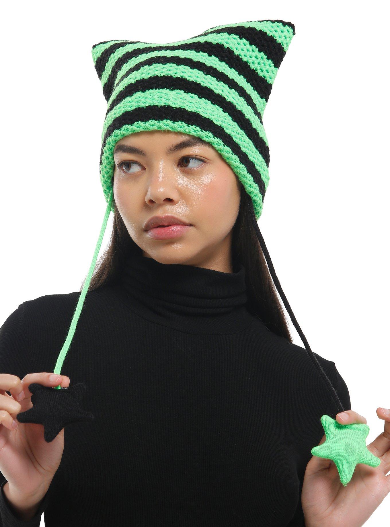 Neon Green & Black Ear Star Tassel Beanie, , hi-res