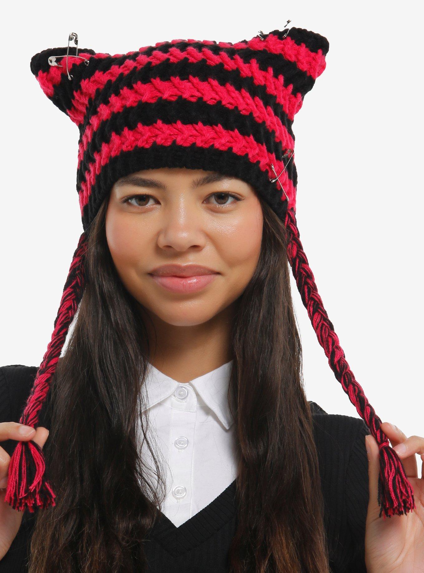Hot Pink & Black Safety Pin Subtle Ear Tassel Beanie, , hi-res