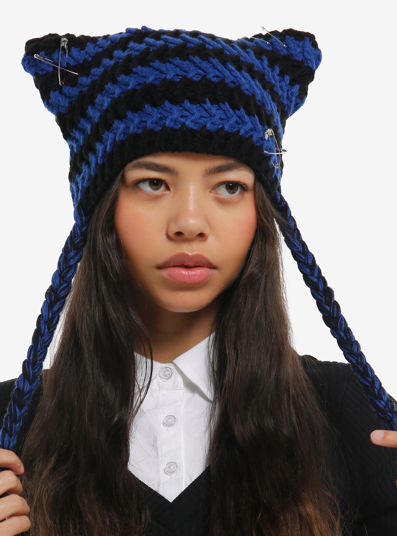 Black & Blue Stripe Safety Pin Subtle Ear Tassel Beanie, , hi-res