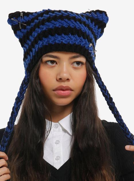 Black & Blue Stripe Safety Pin Subtle Ear Tassel Beanie | Hot Topic