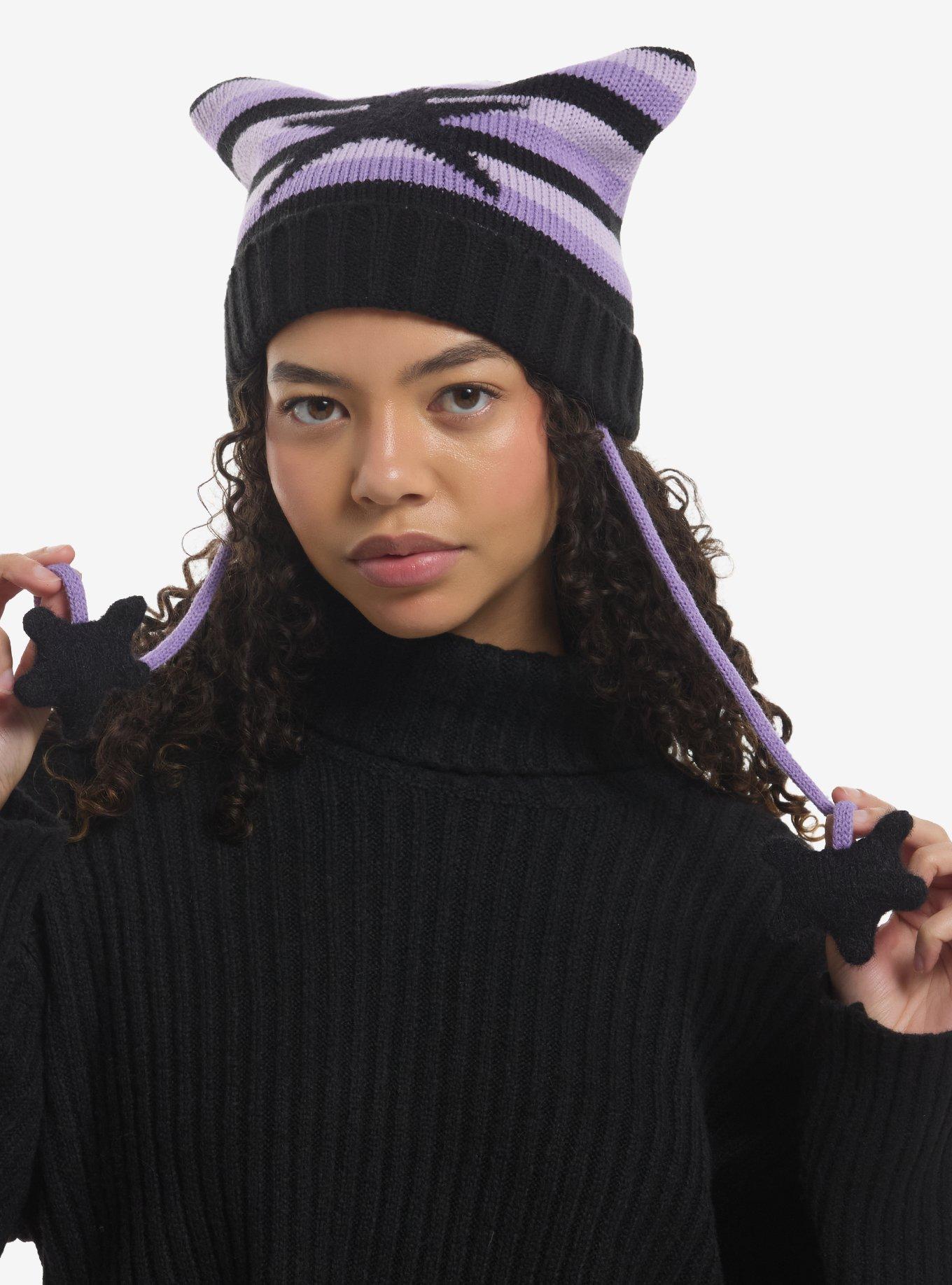 Purple & Black Stripe Subtle Ear Tassel Beanie, , hi-res