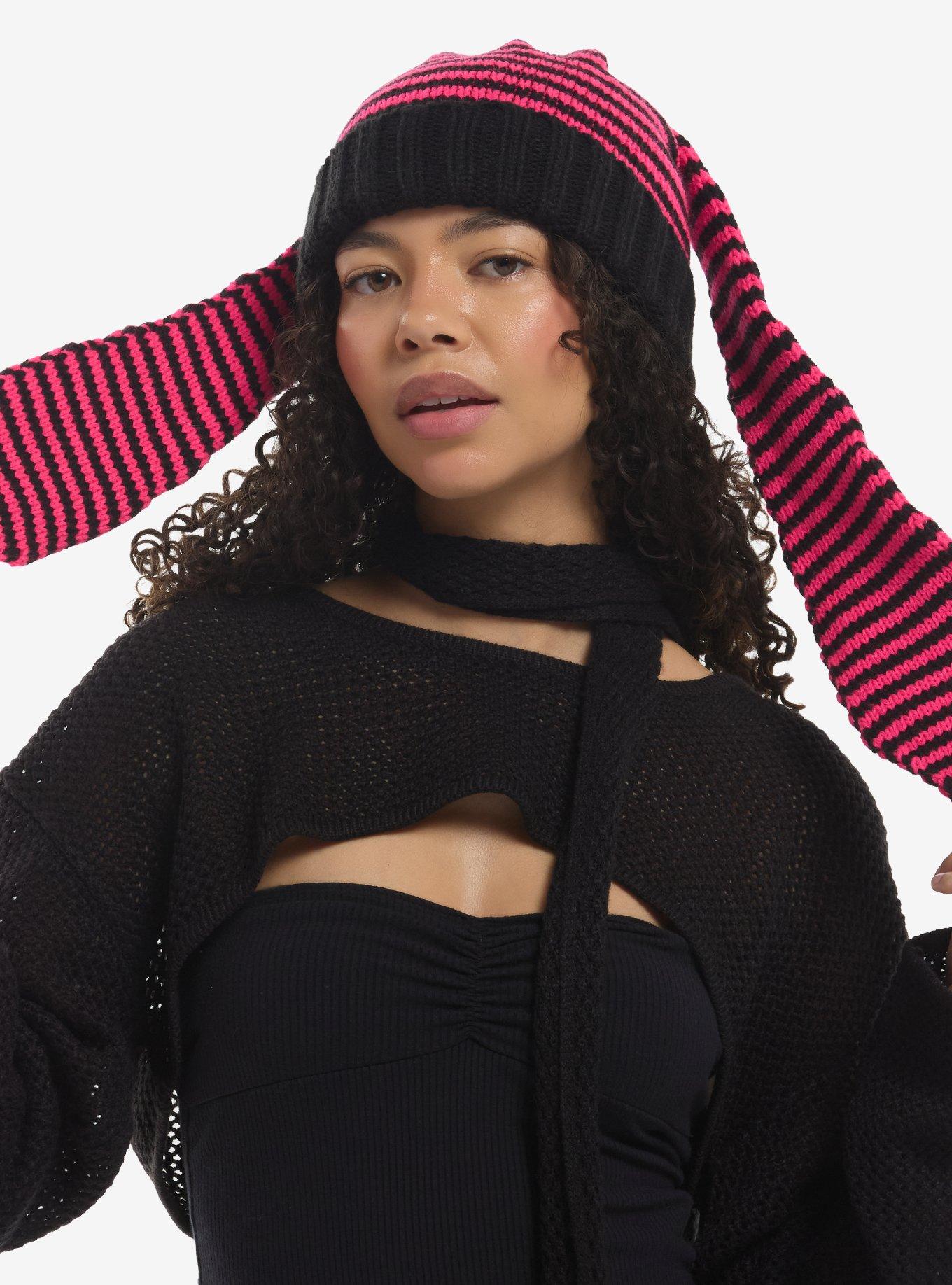 Black & Pink Stripe Bunny Ear Beanie, , hi-res