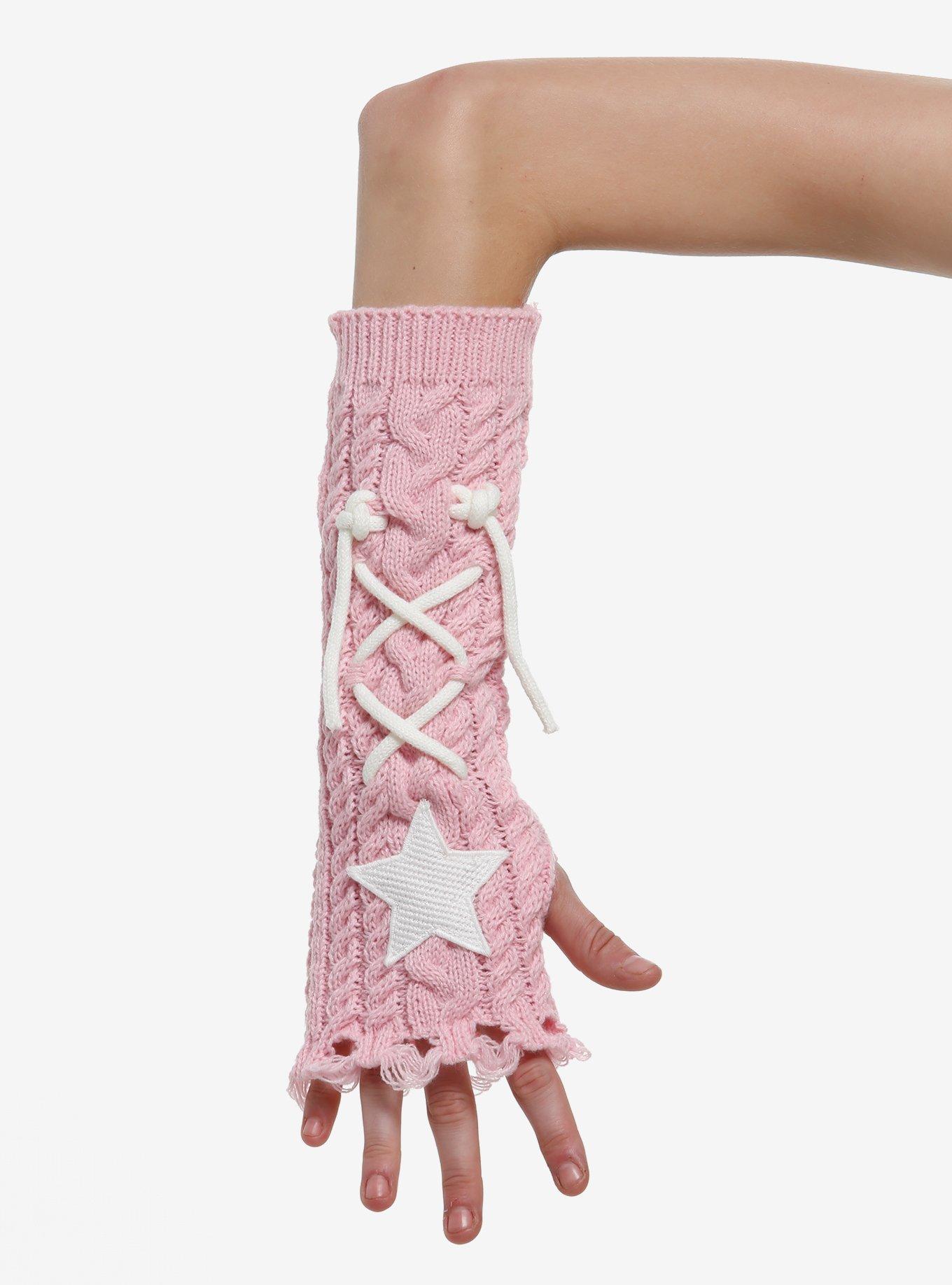 Pink Cable Knit Star Lace-Up Arm Warmers, , hi-res