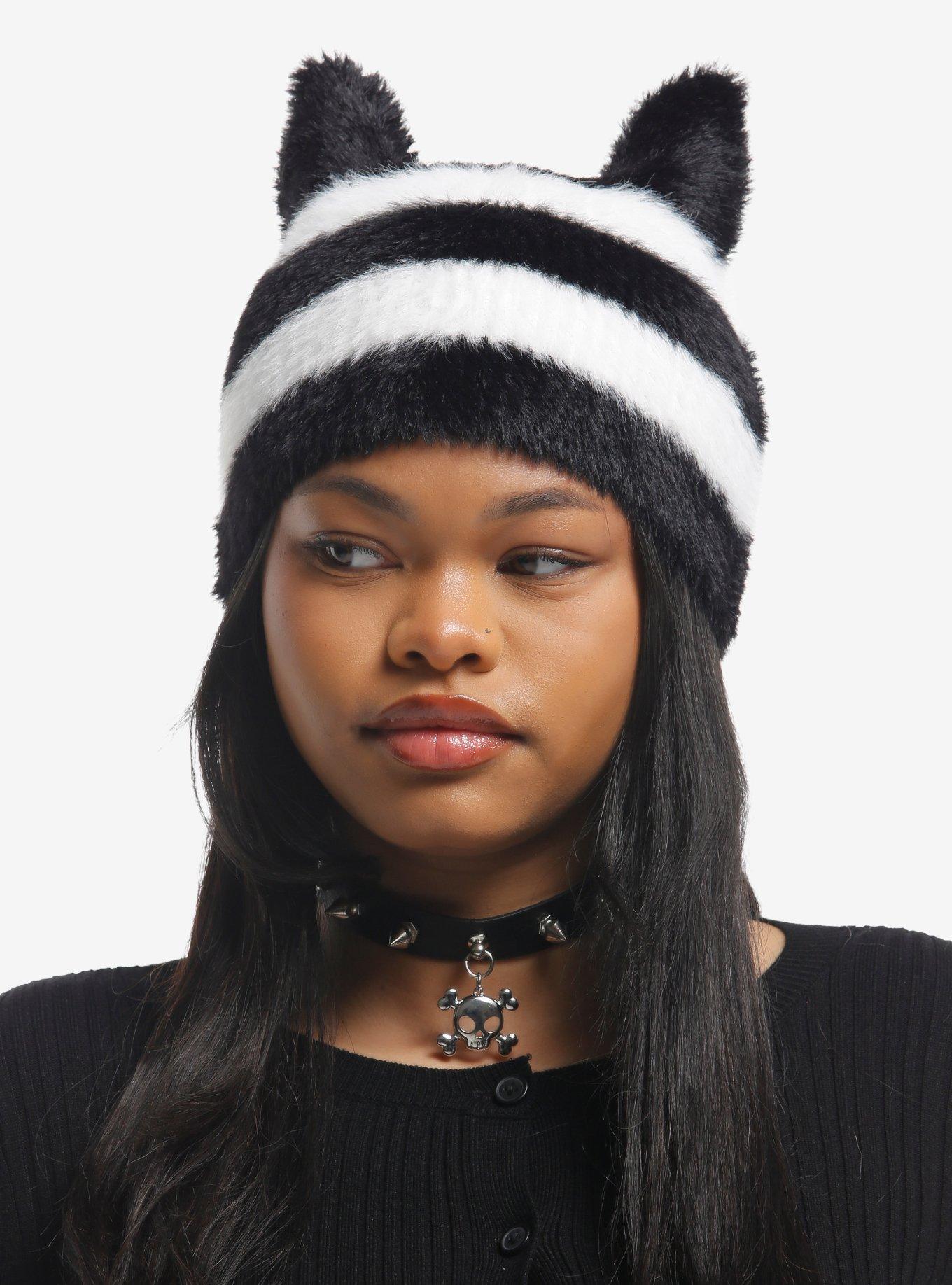 Black & White Stripe Fuzzy Subtle Ear Beanie, , hi-res