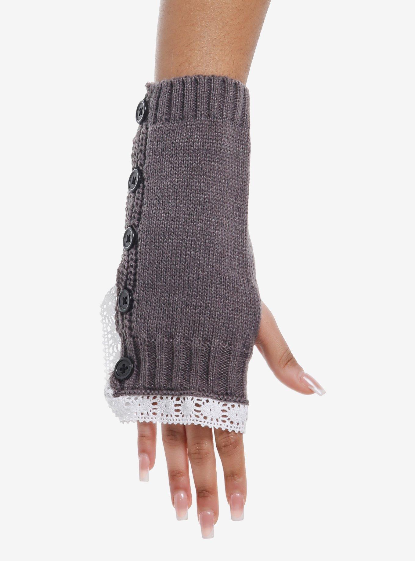 Grey Button Lace Trim Arm Warmers, , hi-res